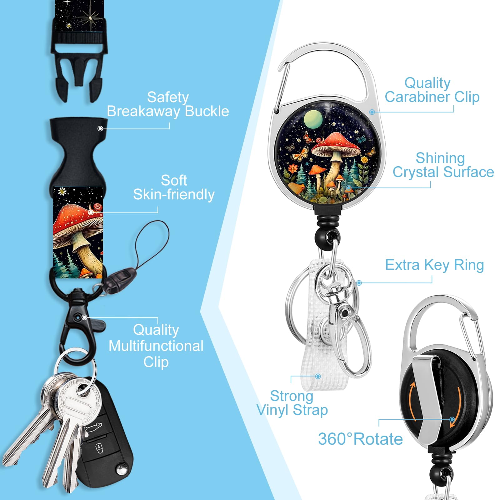 Retractable ID Badge Lanyard for Nurses, Teachers & Students - Mushroom Design