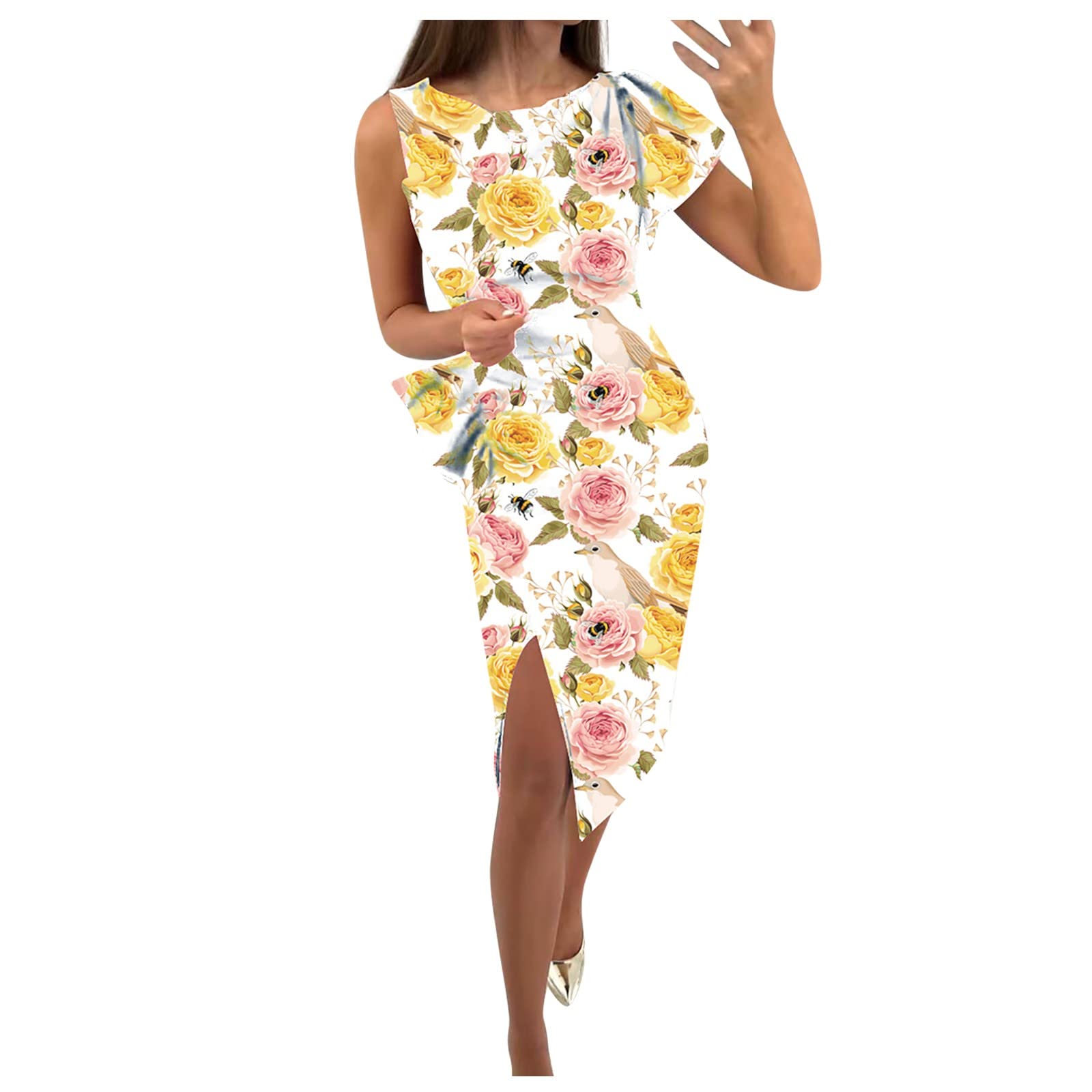Women's Summer Casual Cocktail Dress - Floral Printed Round Neck Sleeveless Dress with Waist Slit | Perfect for Parties, Weddings & Date Nights