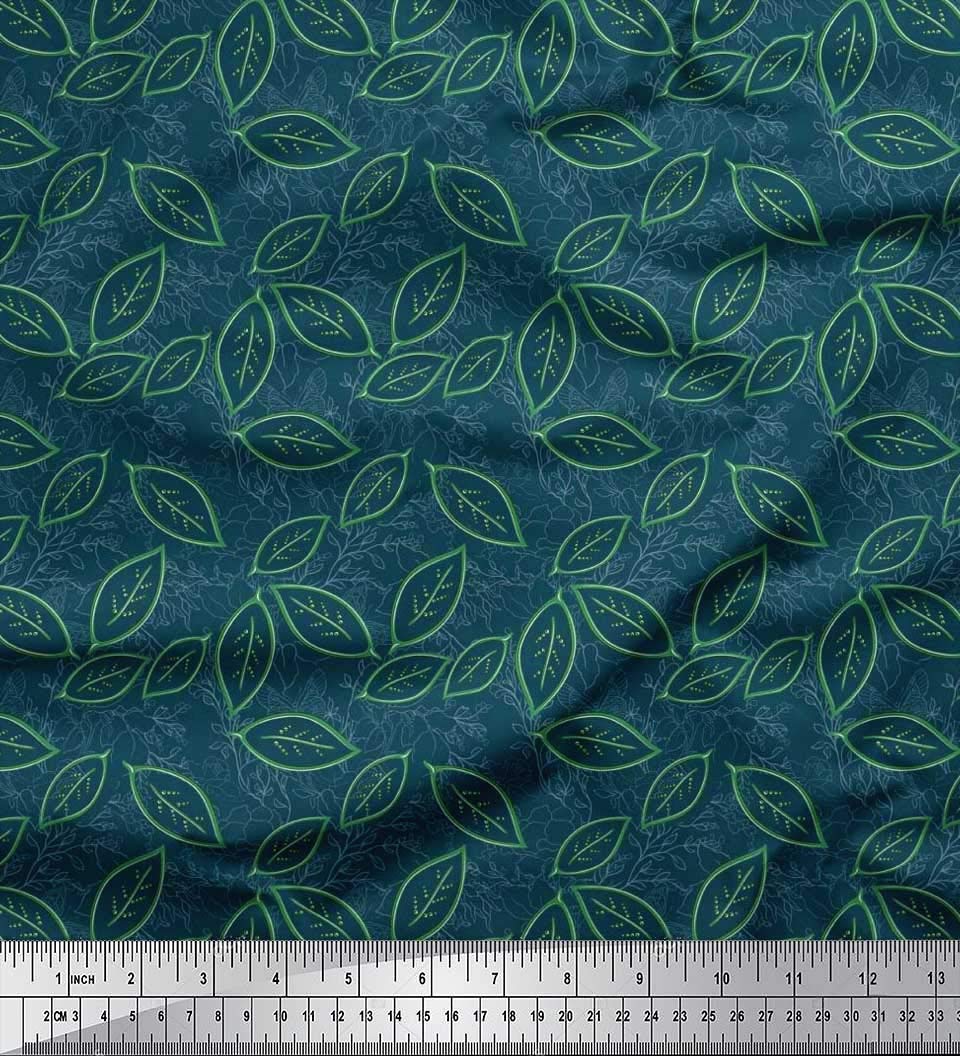Soimoi Moss Georgette Blue Fabric by The Yard - 42 Inch Wide Artistic Leaves Printed Fabric for DIY Crafts, Dressmaking, Home Decor & Scarf Making