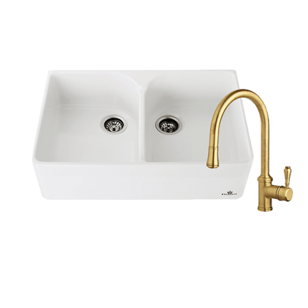 Abey Chambord Clotaire Double Bowl Fireclay Kitchen Sink 800x500x220mm White with Armando Vicario Provincial Pullout Faucet in Bronze - Perfect for Farmhouse & Traditional Kitchen Renovations