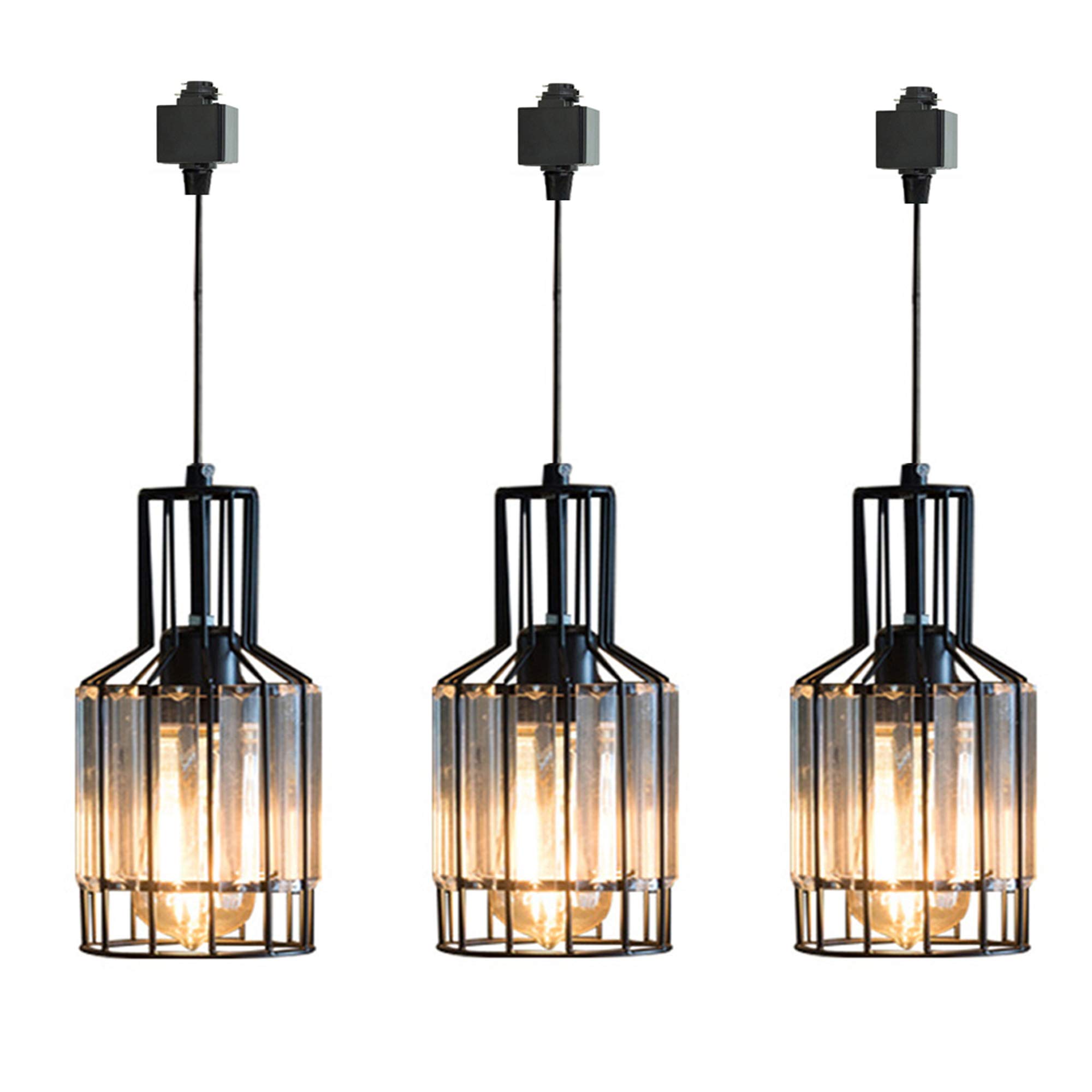 Dimmable Circular Pendant Light - H-Type Track Lighting with Clear Crystal Shade, Industrial Vintage Style, Customizable Iron Halo Track (3 Lights, 35.4in) - Perfect for Kitchens, Dining Rooms & Modern Lofts