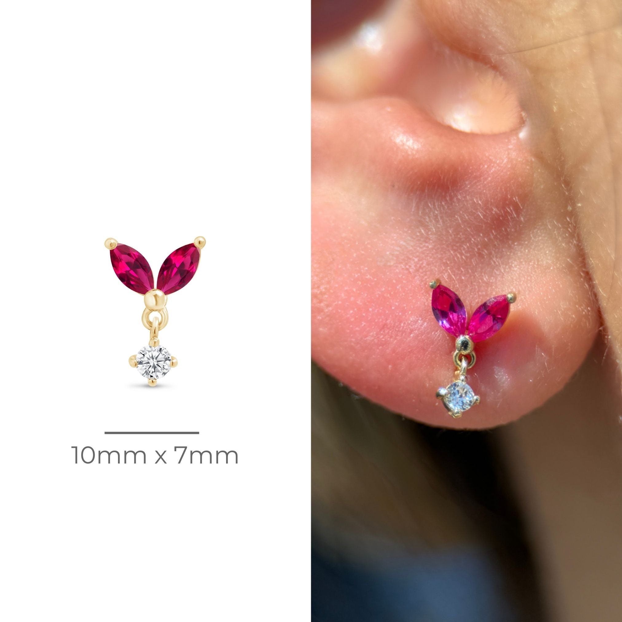 14k Yellow Gold Ruby Double Marquise Drop Earrings - Elegant Flat Back Studs for Women, Perfect for Weddings, Parties & Special Occasions