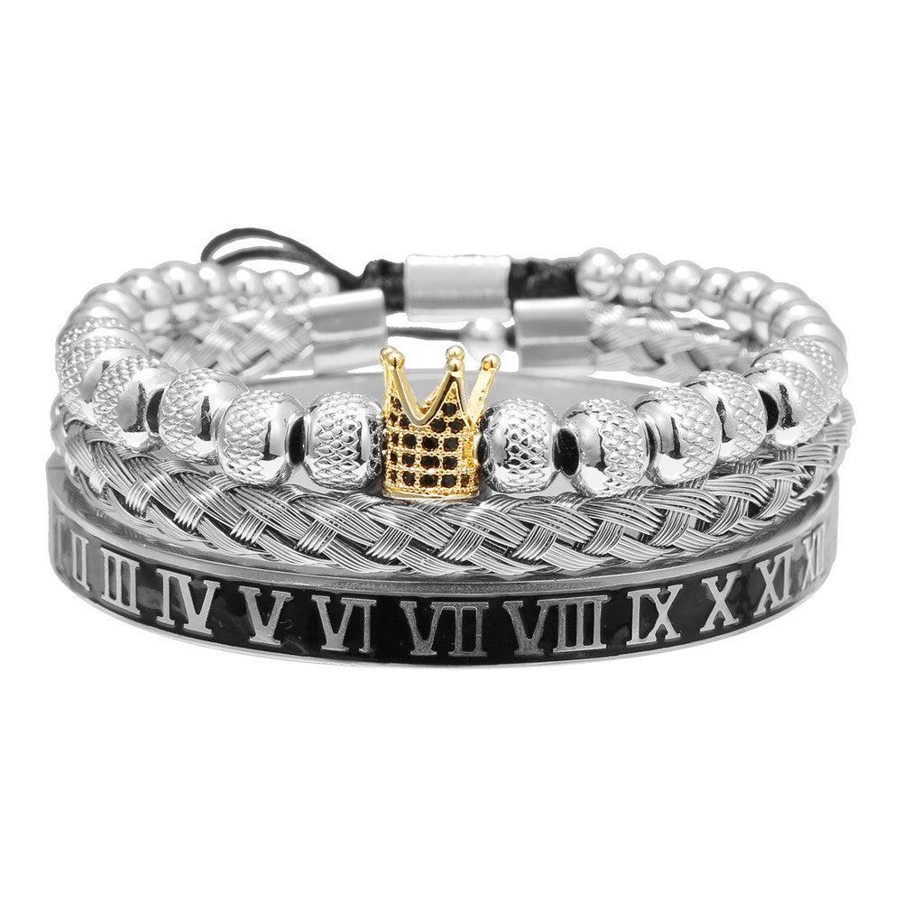Vintage Crown Woven Bracelet Set - Stainless Steel Roman Letter Charm Bracelets for Women, European & American Retro Style Jewelry - Perfect for Daily Wear, Gift Giving & Special Occasions