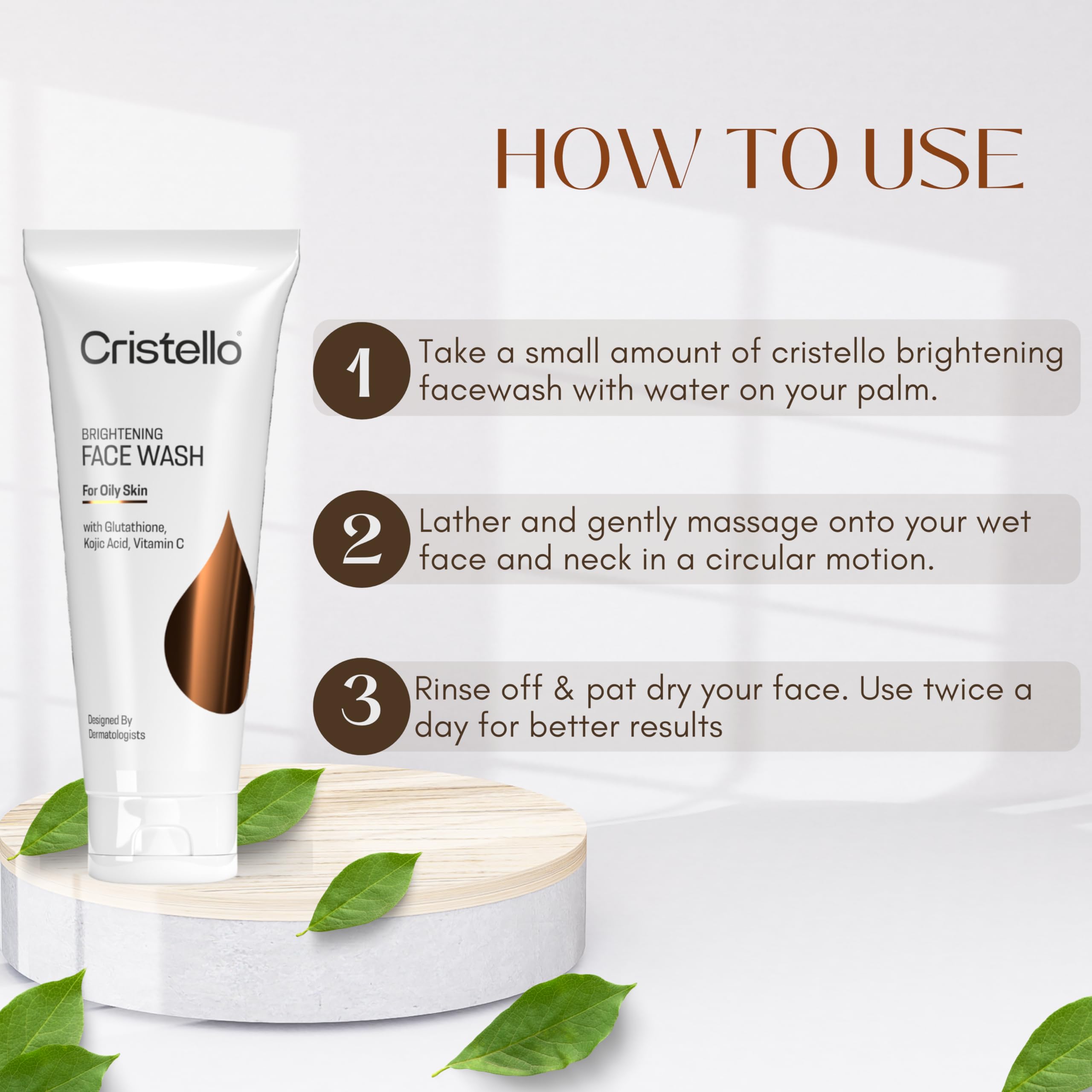 Cristello Brightening Face Wash for Oily Skin with Glutathione, Kojic Acid & Vitamin C | Skin Whitening & Glowing Facial Cleanser for Men & Women | Daily Use for Clear, Radiant Complexion | Perfect for Morning & Night Skincare Routine