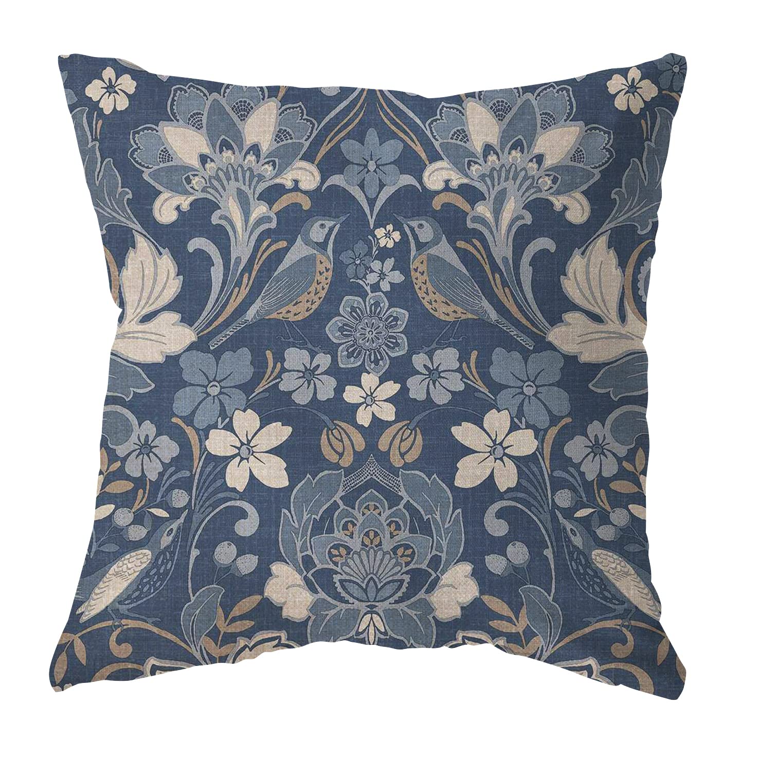 4-Pack Blue Floral Leaf Bird Retro Farmhouse Throw Pillow Covers 18x18 Inch - Cotton Linen Blend Cushion Cases for Sofa, Living Room, Bedroom Decor - Rustic Home Accent Gift for Housewarming, Wedding, Christmas