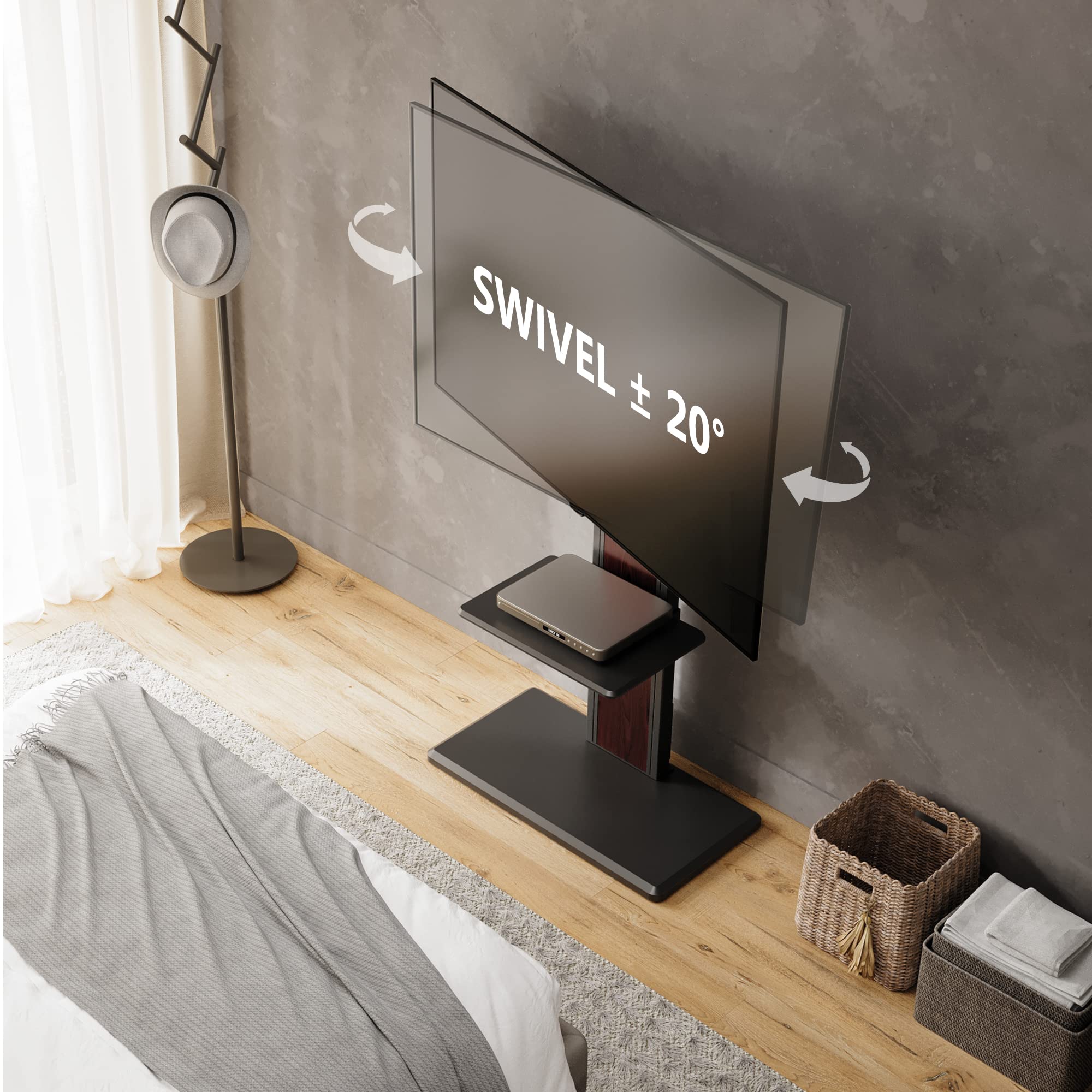 FITUEYES Universal Swivel TV Floor Stand for 32-75 inch TVs - Tall Adjustable Double Column TV Stand with Concealed Storage Shelf - Perfect for Living Room, Bedroom & Home Theater - Black