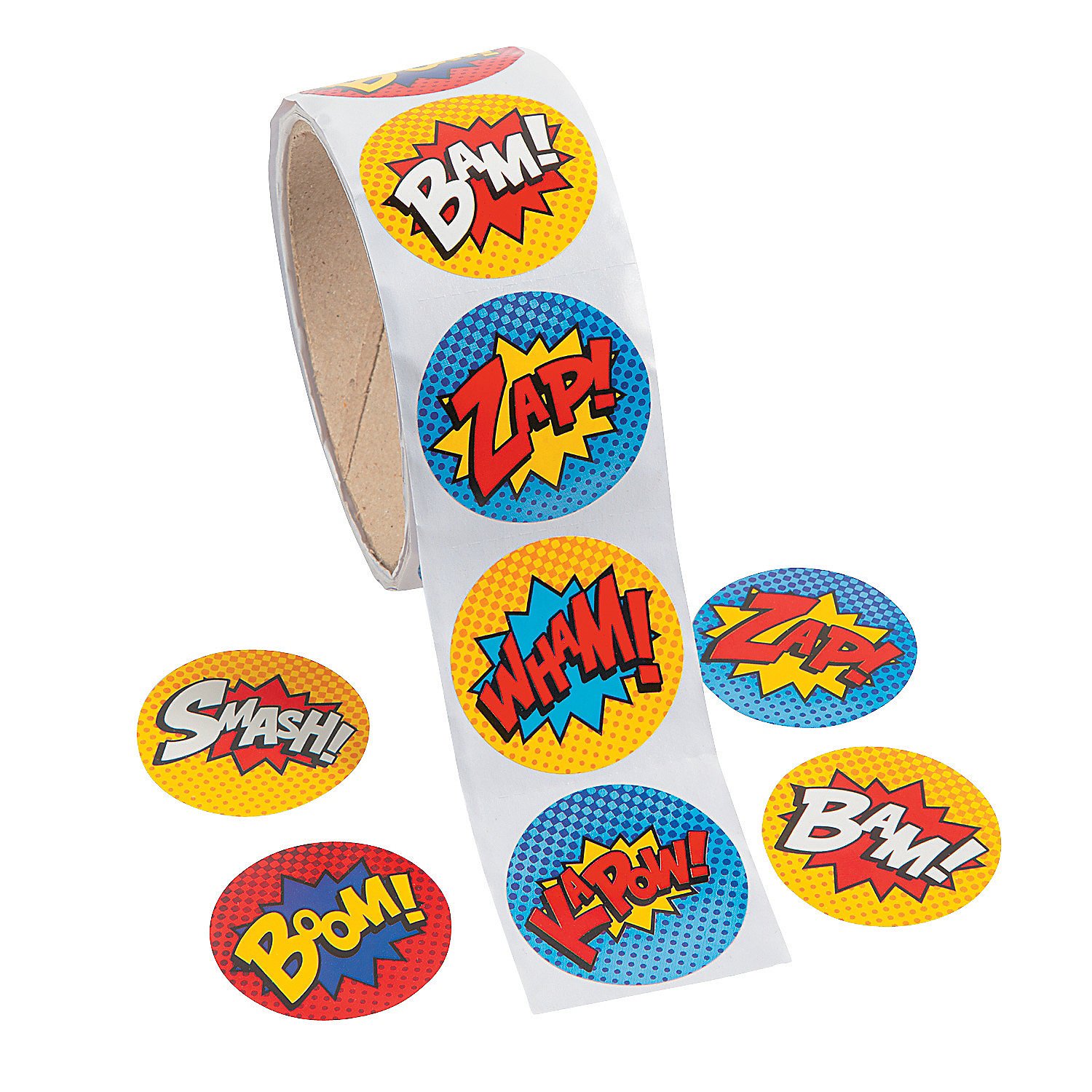 Fun Express Superhero Roll Stickers (100 Count) - Colorful Party Favors, School Stationery, DIY Crafts & Home Decorations for Kids Birthday Parties, Classroom Rewards & Scrapbooking Projects