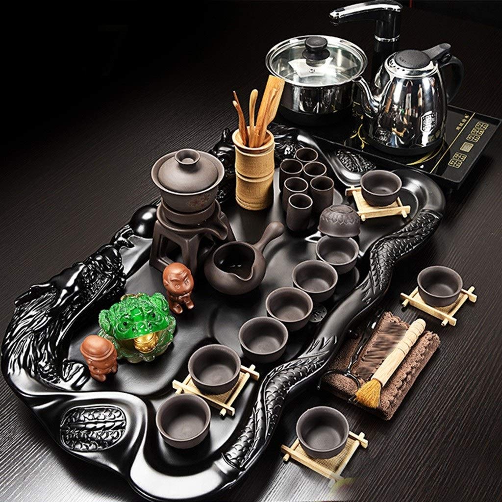 Premium Chinese Kung Fu Tea Set with Solid Wood Tea Tray - Complete Ceremonial Tea Service Includes Automatic Water Heater, Tea Cups & Drainage System - Perfect for Home Tea Ceremonies, Zen Meditation Spaces & Asian-Themed Decor