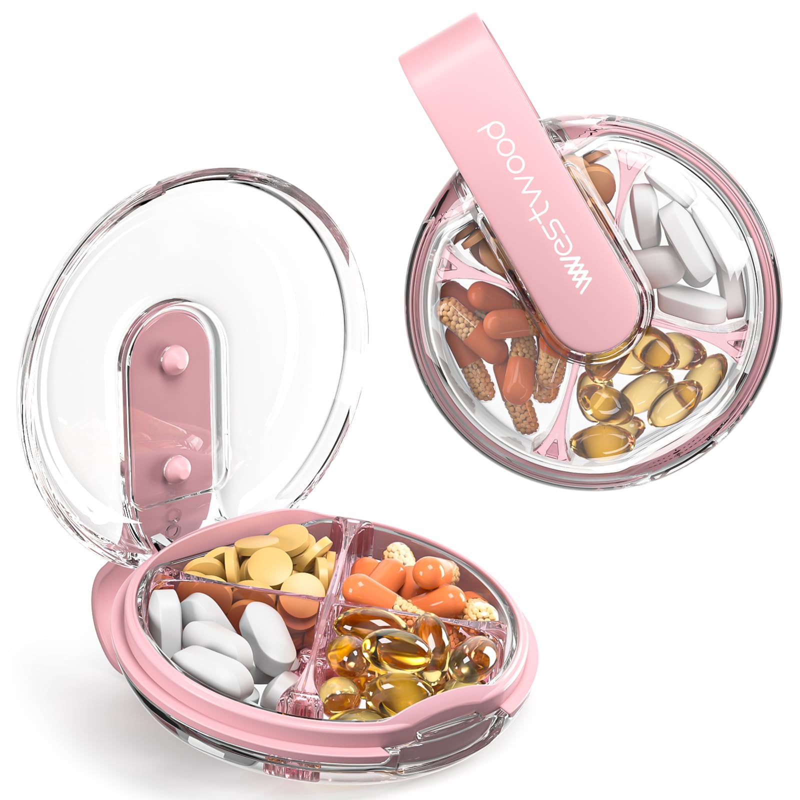 AV00Z 4 Compartment Travel Pill Organizer - Small Moisture Proof Pill Box for Vitamins, Supplements & Medication - Portable Pocket Pharmacy for Purse or Travel - Cute Pink Daily Pill Case (Perfect for Travel, Work, Gym & Home Use)