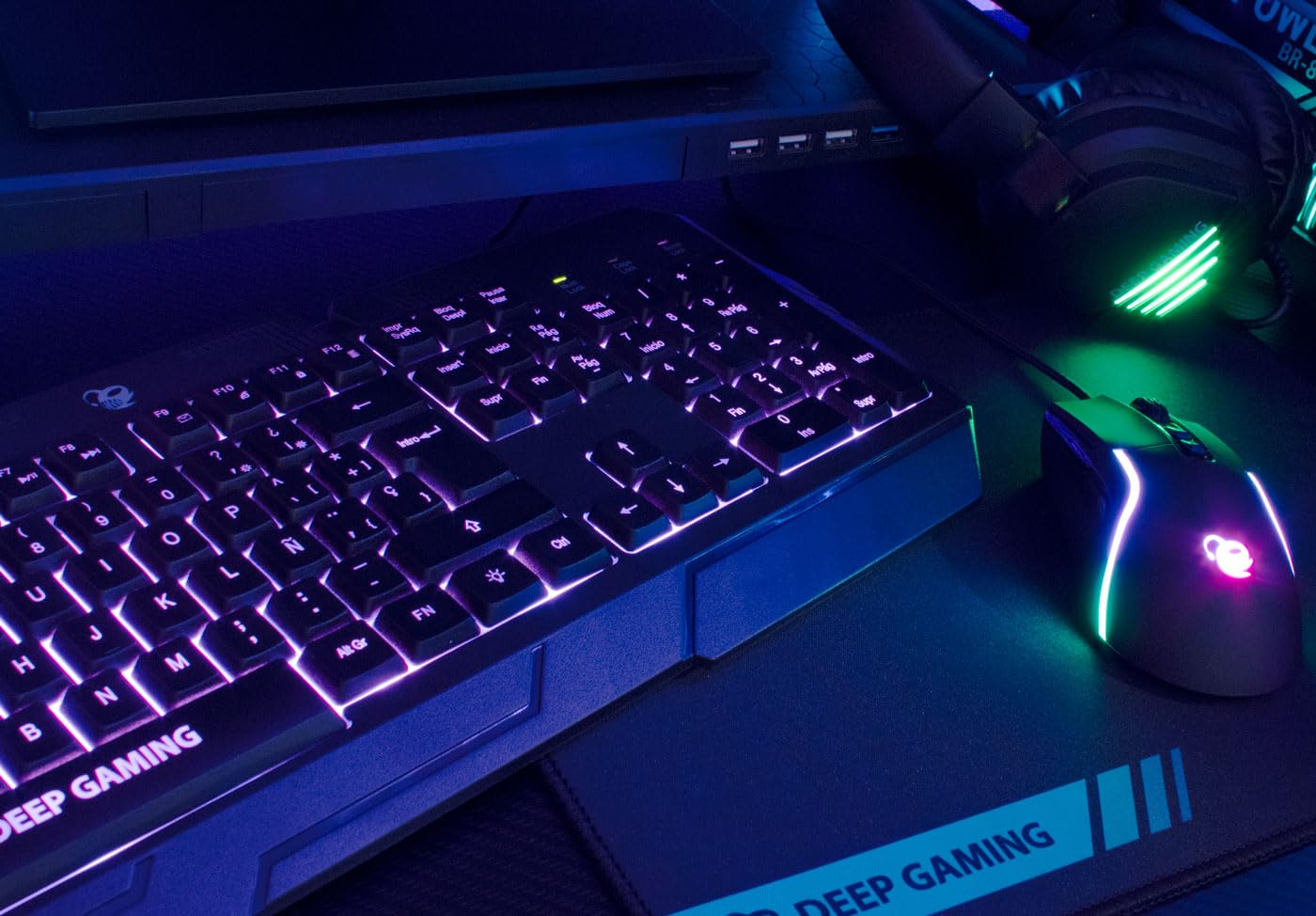DeepGaming X-Wing 2-in-1 Gaming Combo - RGB Backlit Membrane Keyboard with Ñ Key, 7200DPI Optical Gaming Mouse, Noise-Cancelling Headset with Mic, Non-Slip Mouse Pad - Complete PC Gaming Setup for Windows/Mac - Perfect for Esports, Streaming & Home Office Work