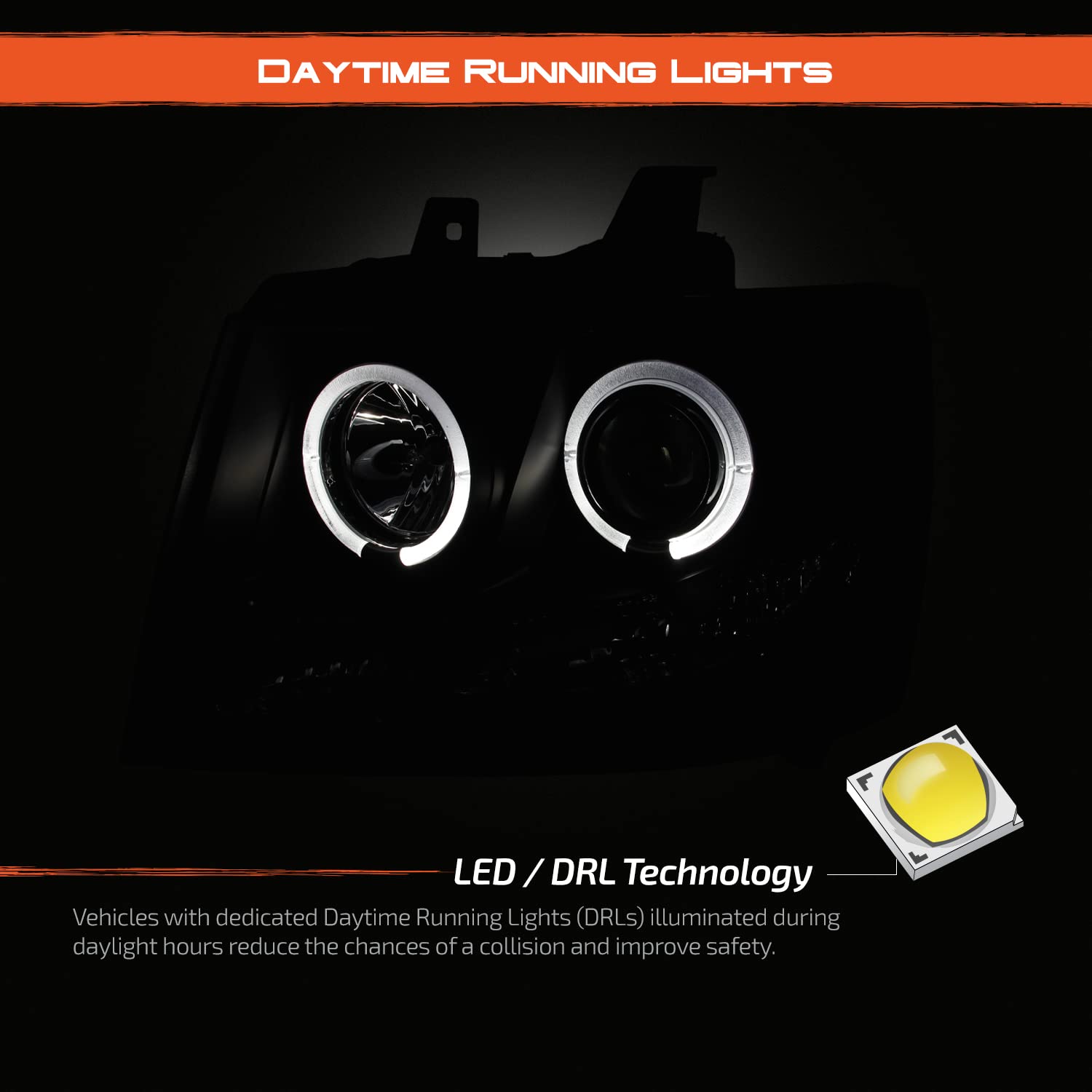 AKKON Black Dual Halo Ring LED DRL Projector Headlights for Chevy Suburban Avalanche Tahoe - High Performance Replacement Headlamps for Night Driving & Off-Road Adventures
