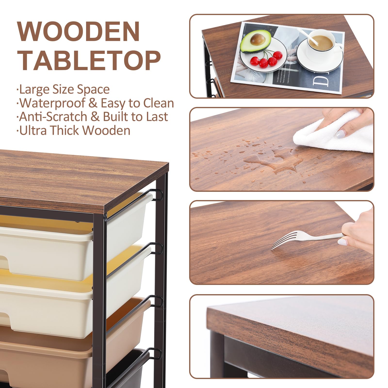 5-Tier Utility Cart with 5 Drawers & Wooden Tabletop - Lockable Wheels Rolling Storage Cart for Crafts, Office, or Kitchen Organization - Dark Brown Mobile Workstation for Home & Workspace