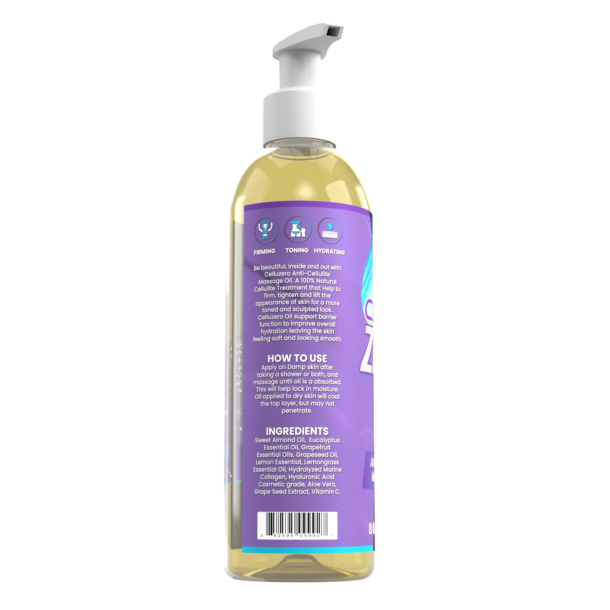 Celluzero Anti Cellulite Massage Oil - 8oz Natural Firming & Toning Body Oil with Caffeine & Essential Oils | SP Nutrition | for Thighs, Hips & Stomach | Post-Workout & Spa Treatment