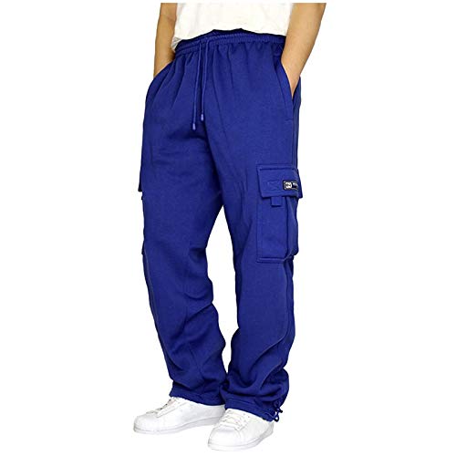 Men's Heavyweight Cargo Sweatpants with Pockets & Adjustable Drawstring - Solid Color Jogger Pants for Sports, Workout & Casual Wear