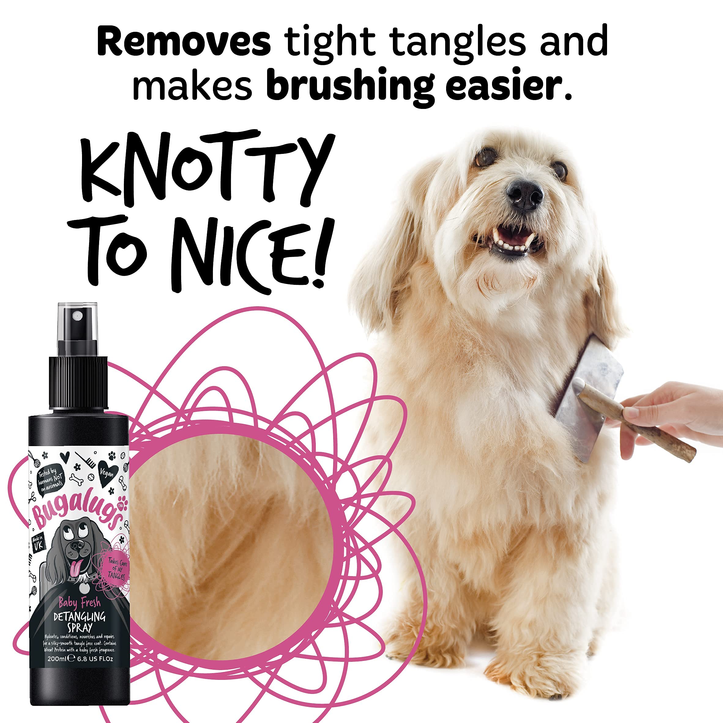 BUGALUGS Baby Fresh Dog Detangler Spray - 200ml Professional Dog Grooming Spray with Baby Powder Scent | Tangle-Free Hair Conditioner for Puppies & Dogs | Perfect for Daily Grooming, Show Prep & Post-Bath Care
