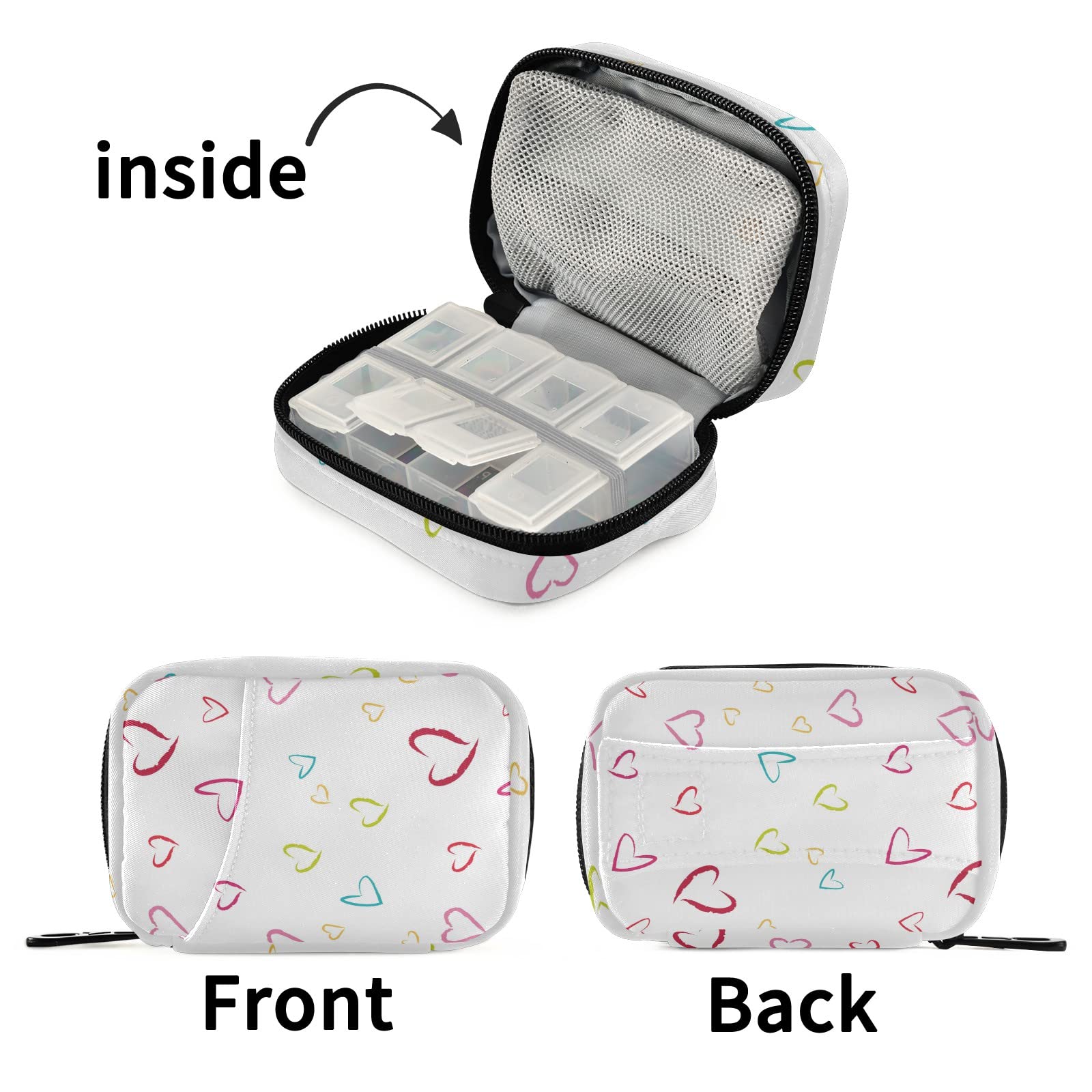 White Weekly Travel Pill Organizer - Small 7-Day Cute Pill Case with Red Heart Design for Vitamins & Medication - Perfect for Travel, Work, and Daily Use