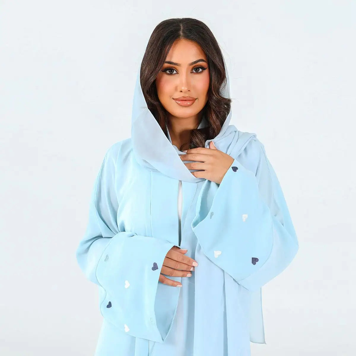 Elegant Heart Embroidery Muslim Women's Nida Cardigan Open Abaya Dress - Perfect for Prayer, Eid, and Special Occasions