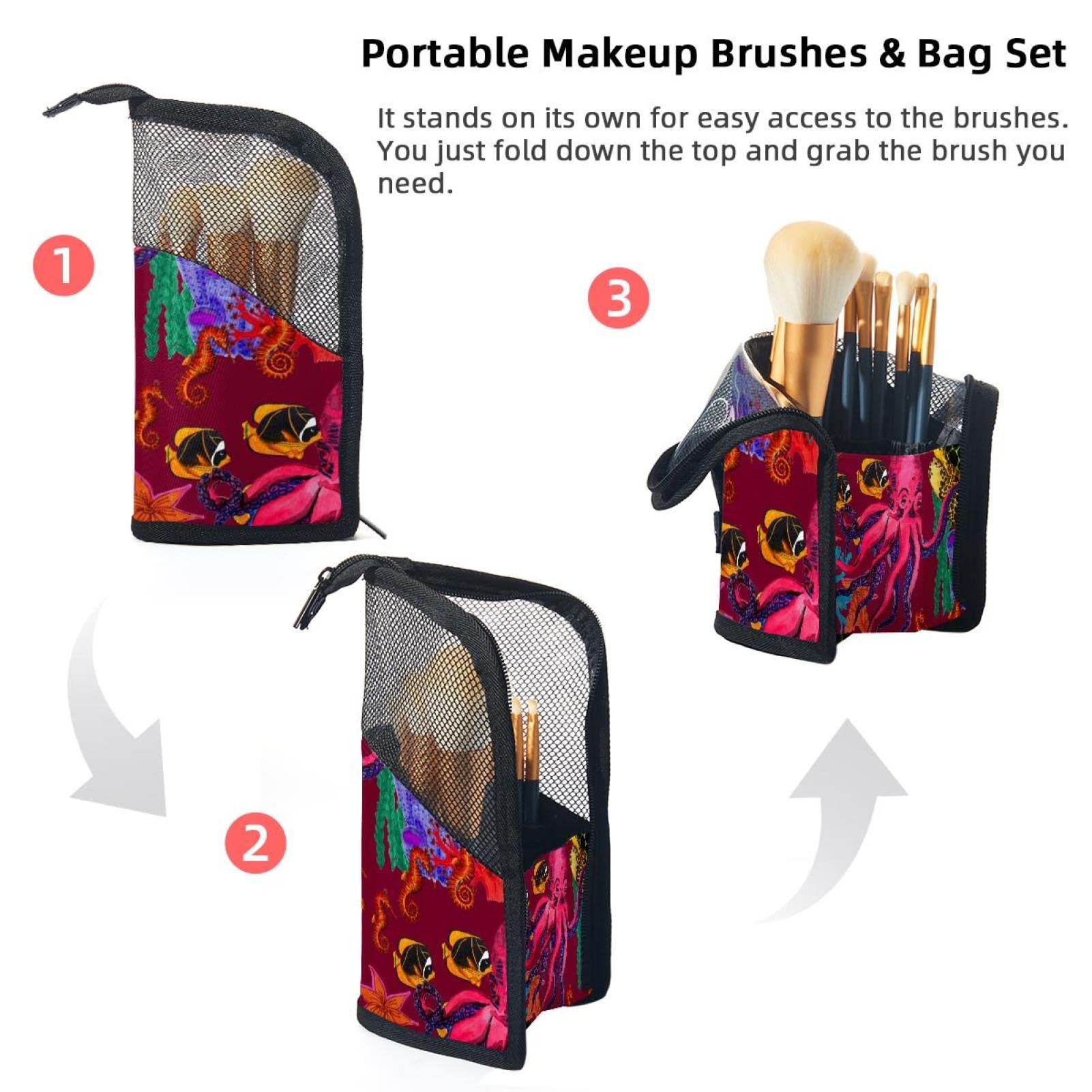 Portable Makeup Brush Organizer Bag with 12 Slots - Cute Turtle Fish Seahorse & Octopus Design - Travel Cosmetic Brush Holder Case for Makeup Artists & Beauty Enthusiasts | Perfect for Travel, Home Vanity & Professional Makeup Kits