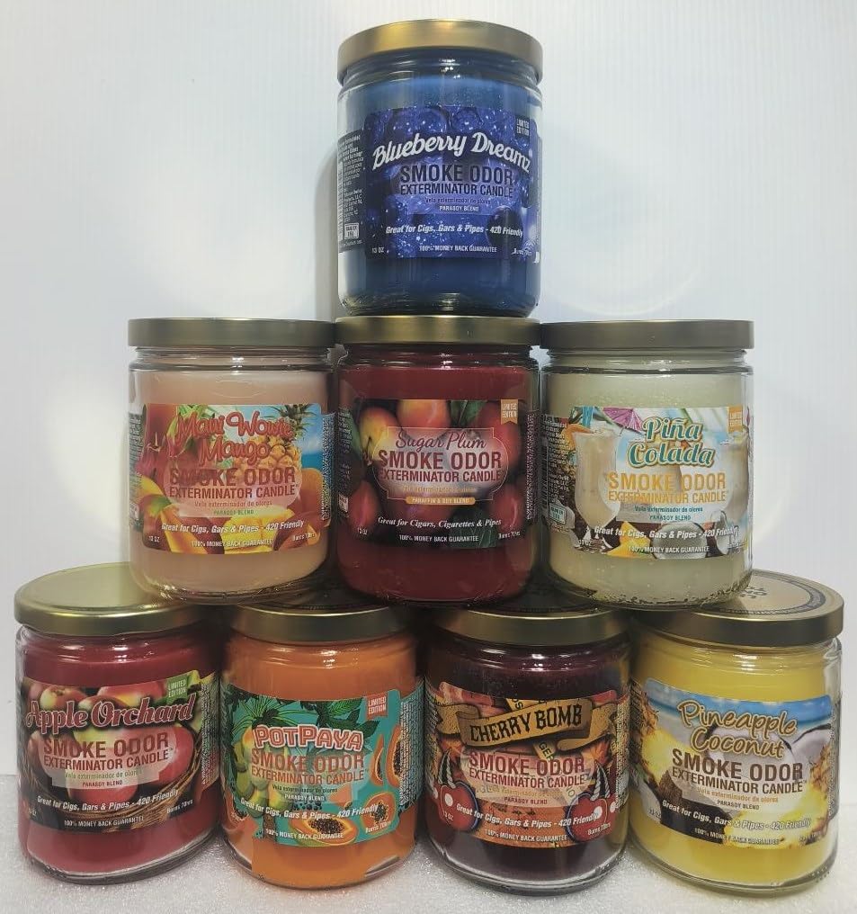 Blueberry Dreamz Smoke Odor Eliminator Candle - 13 oz Jar, Set of 8 (Includes Pina Colada, Sugar Plum, Mango, Pineapple Coconut, Cherry, Papaya & Apple Scents) - Home Air Freshener for Kitchen, Bathroom, Office & Car