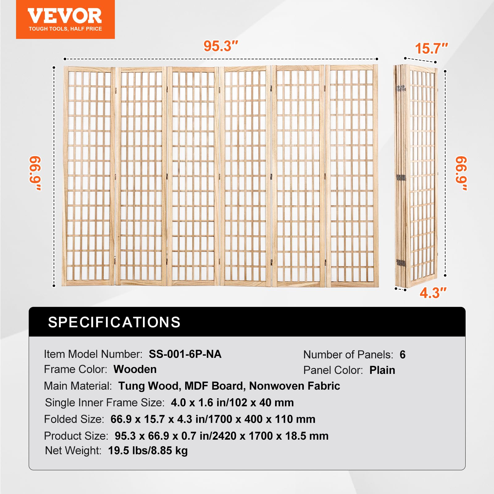 VEVOR 6-Panel Japanese Room Divider - Wooden Folding Privacy Screen for Indoor Use | Portable Partition for Home, Office, Restaurant & Bedroom | Perfect for Room Separation, Decoration, and Creating Private Spaces