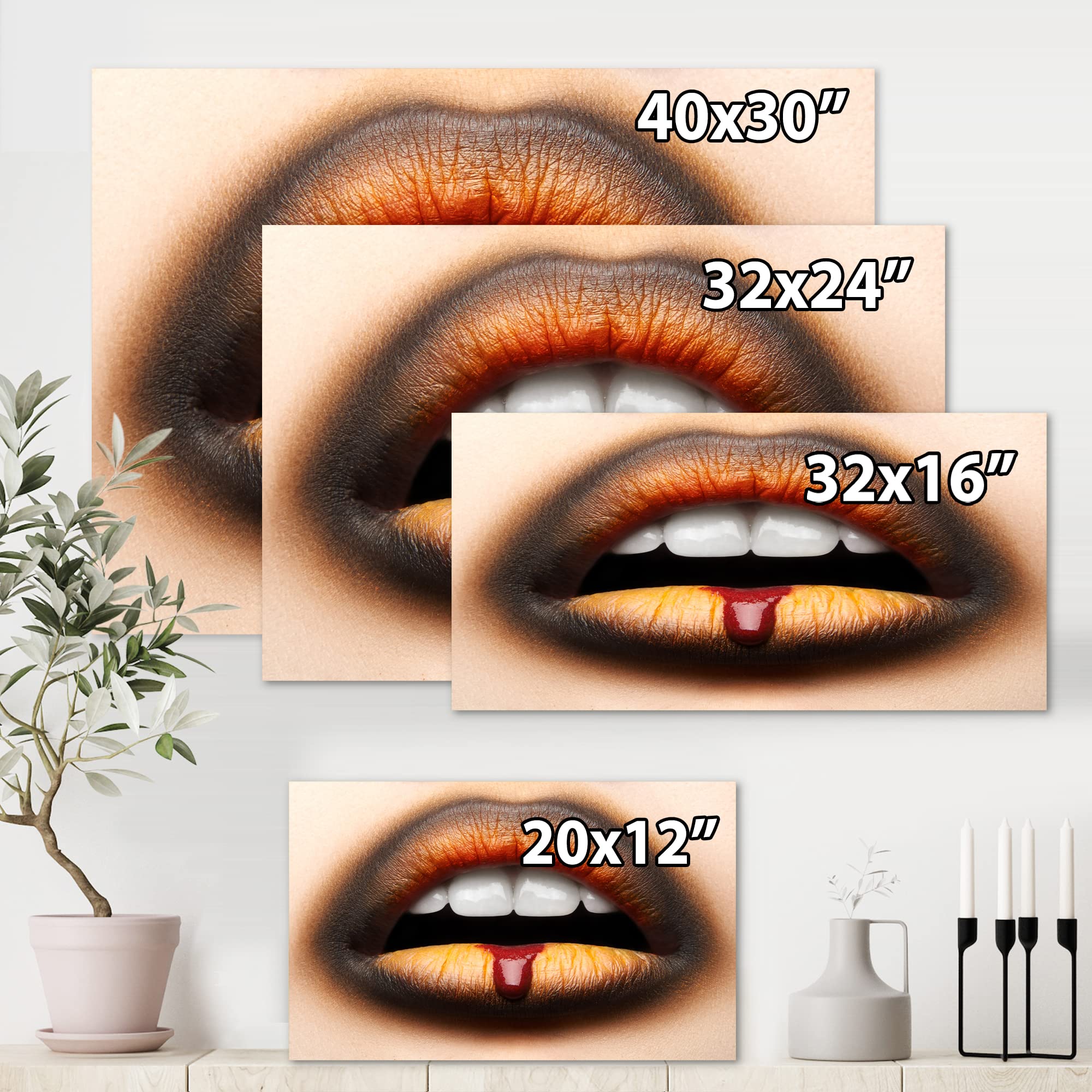 DesignQ Modern Canvas Wall Art - Black & Orange Lipstick Female Lips Painting for Living Room, Bedroom & Office Decor