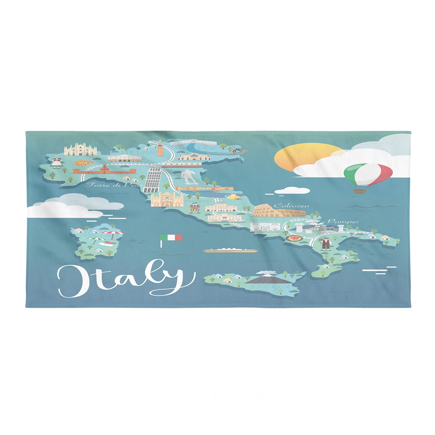 Ambesonne Italy Map Camping Towel - Quick Dry Lightweight Microfiber Travel Towel with Tourist Attractions Design, Compact for Backpacking, Hiking, Beach & Outdoor Activities