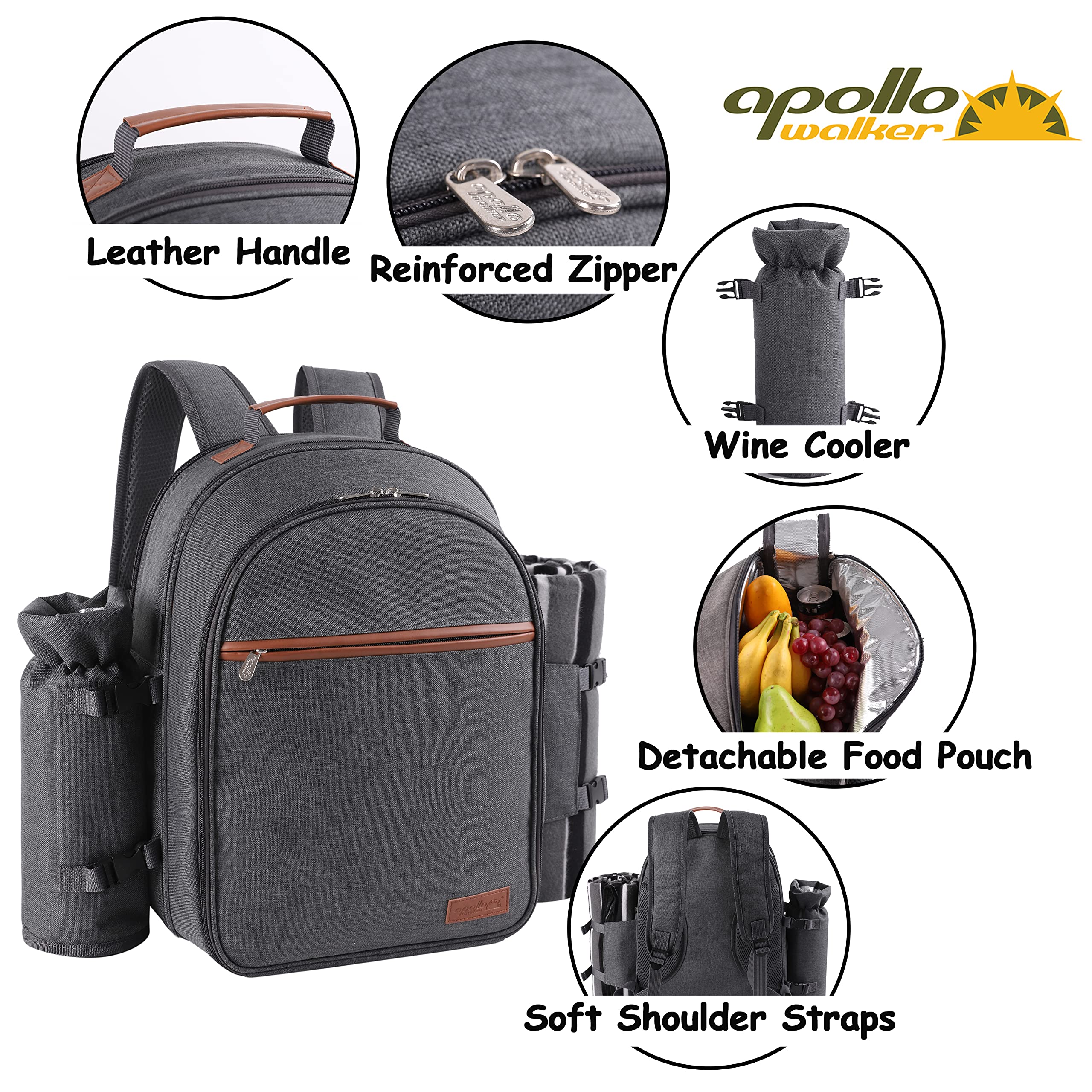 Apollo Walker 2 Person Picnic Backpack Set with Insulated Cooler Compartment, Removable Wine Bottle Holder, Soft Fleece Blanket & Complete Cutlery Kit - Perfect for Outdoor Picnics, Beach Trips and Camping (Dark Gray)