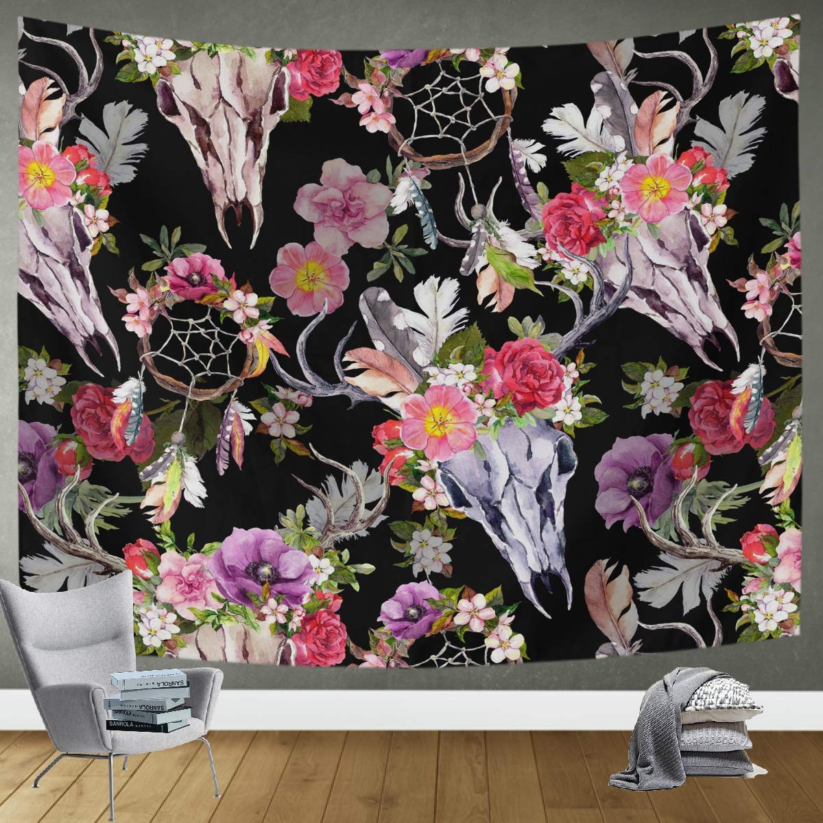 DOMIKING Large Wall Hanging Tapestry 60x51in - Bohemian Deer Skull & Floral Dreamcatcher Design for Bedroom, Living Room Decor | Perfect for Dorm, Apartment & Home Aesthetic