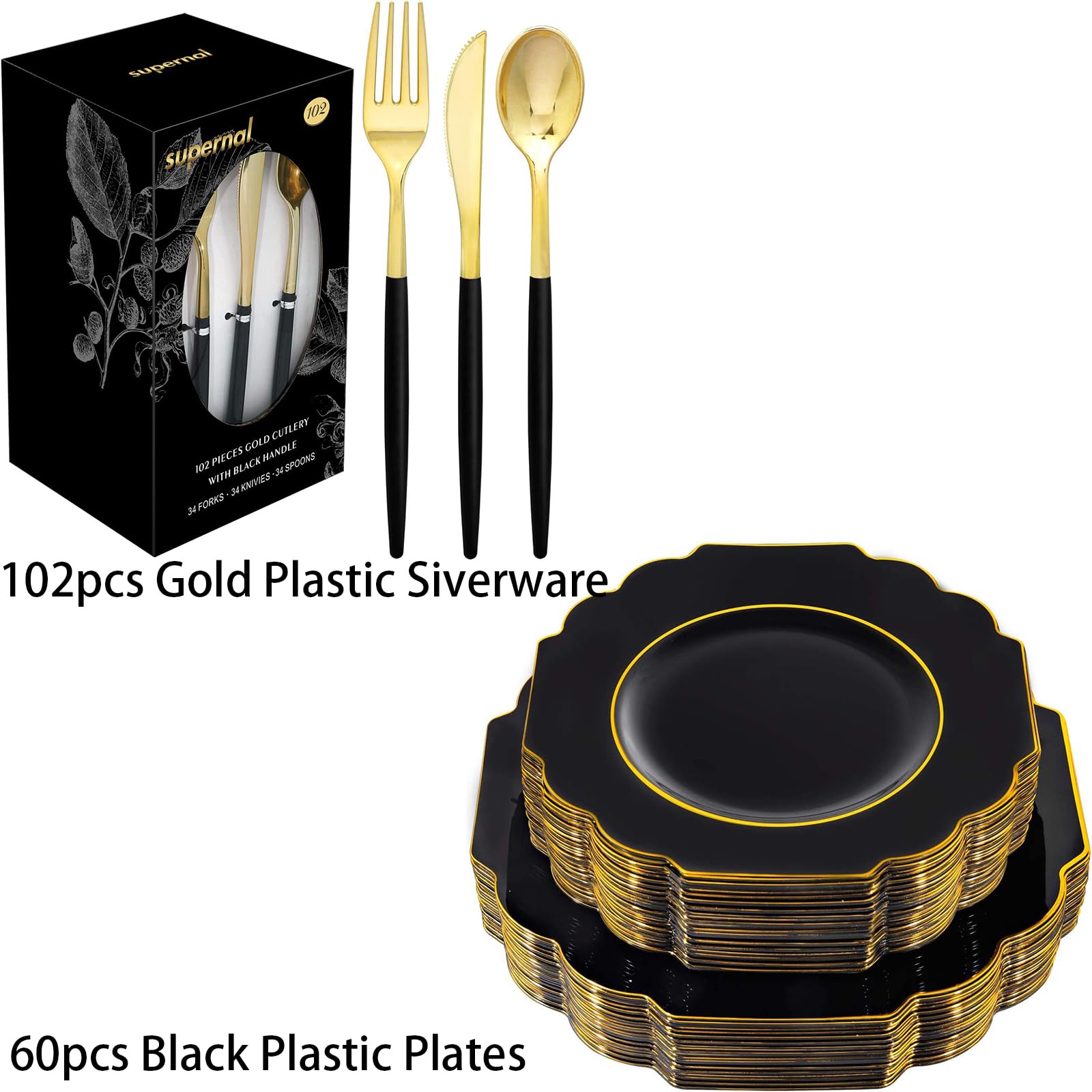 Supernal 34-Piece Gold Plastic Silverware Set with Black Handles - Includes 30 Gold-Rimmed Black Dinner Plates & 30 Appetizer Plates - Elegant Disposable Cutlery for Parties, Weddings, Birthdays & Formal Events