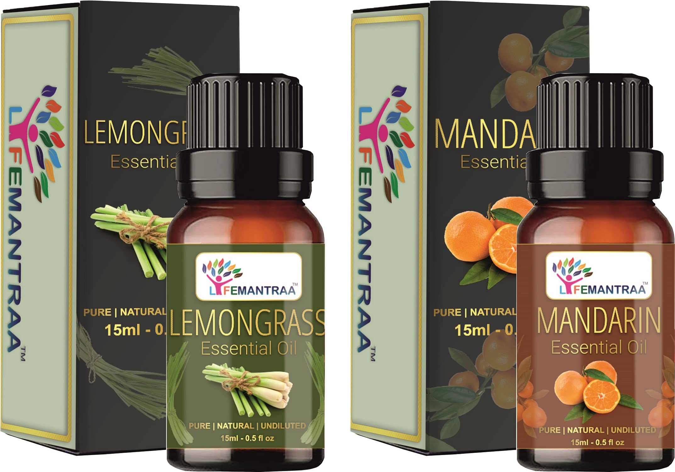 Pure Lemongrass & Mandarin Essential Oil Set - 15ml Each (30ml Total) for Aromatherapy, Home Diffusers, Soap Making, Candle Making | Natural Air Freshener for Relaxation, Stress Relief & Mood Enhancement
