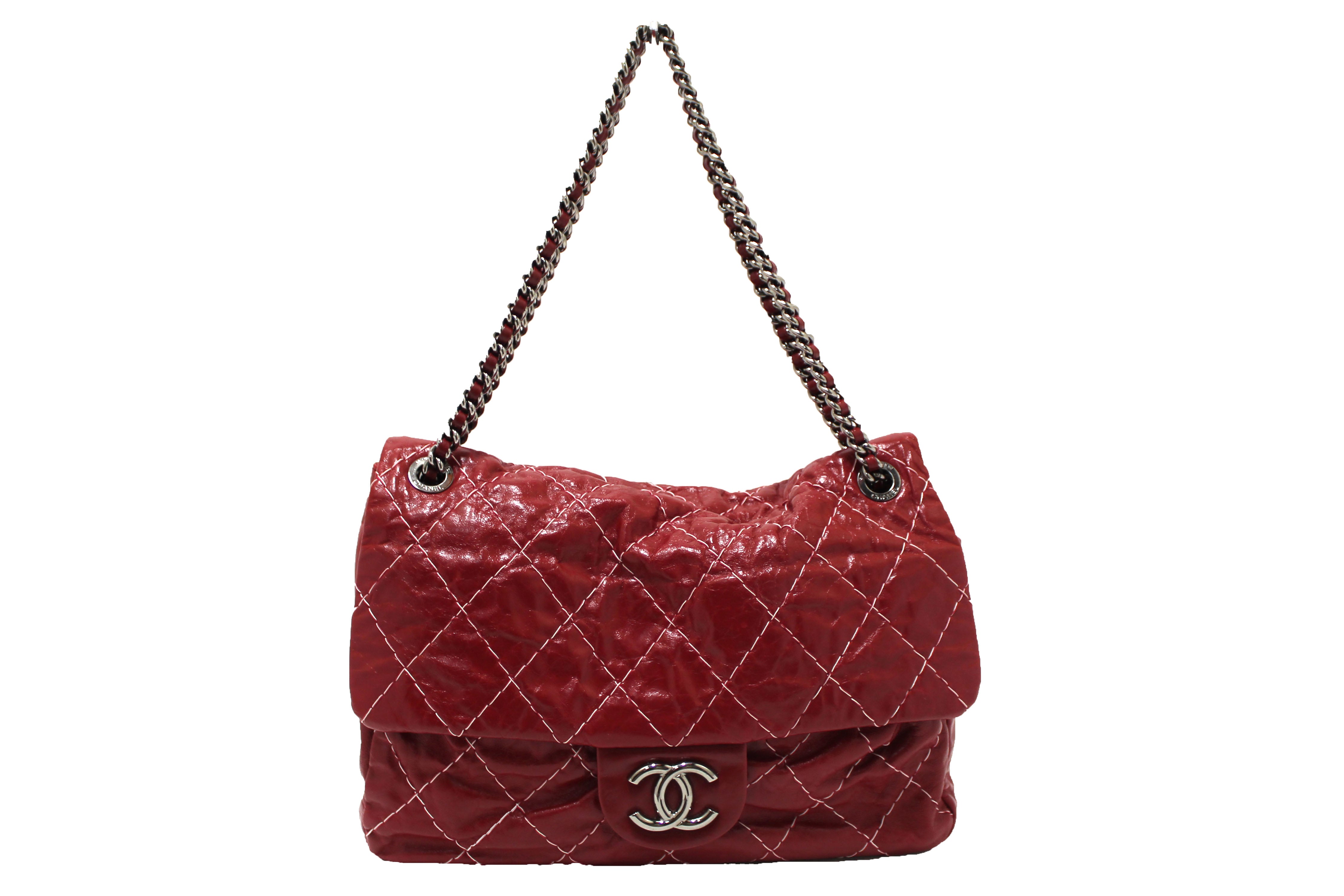 Authentic Chanel Stitch Dark Red Glazed Aged Calfskin Leather Maxi Single Flap Bag - Luxury Designer Handbag for Women, Perfect for Evening Events, Parties & Special Occasions