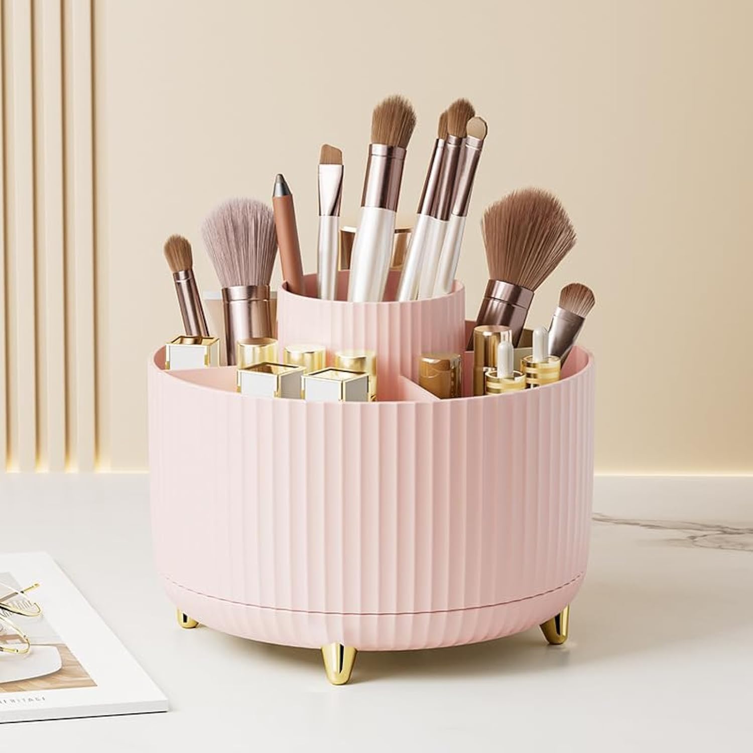 360° Rotating Makeup Brush Holder & Vanity Organizer - 5 Slot Countertop Cosmetic Storage for Makeup Brushes, Lipsticks, Skincare | Perfect for Vanity Table, Bathroom, Dorm Room (Pink)