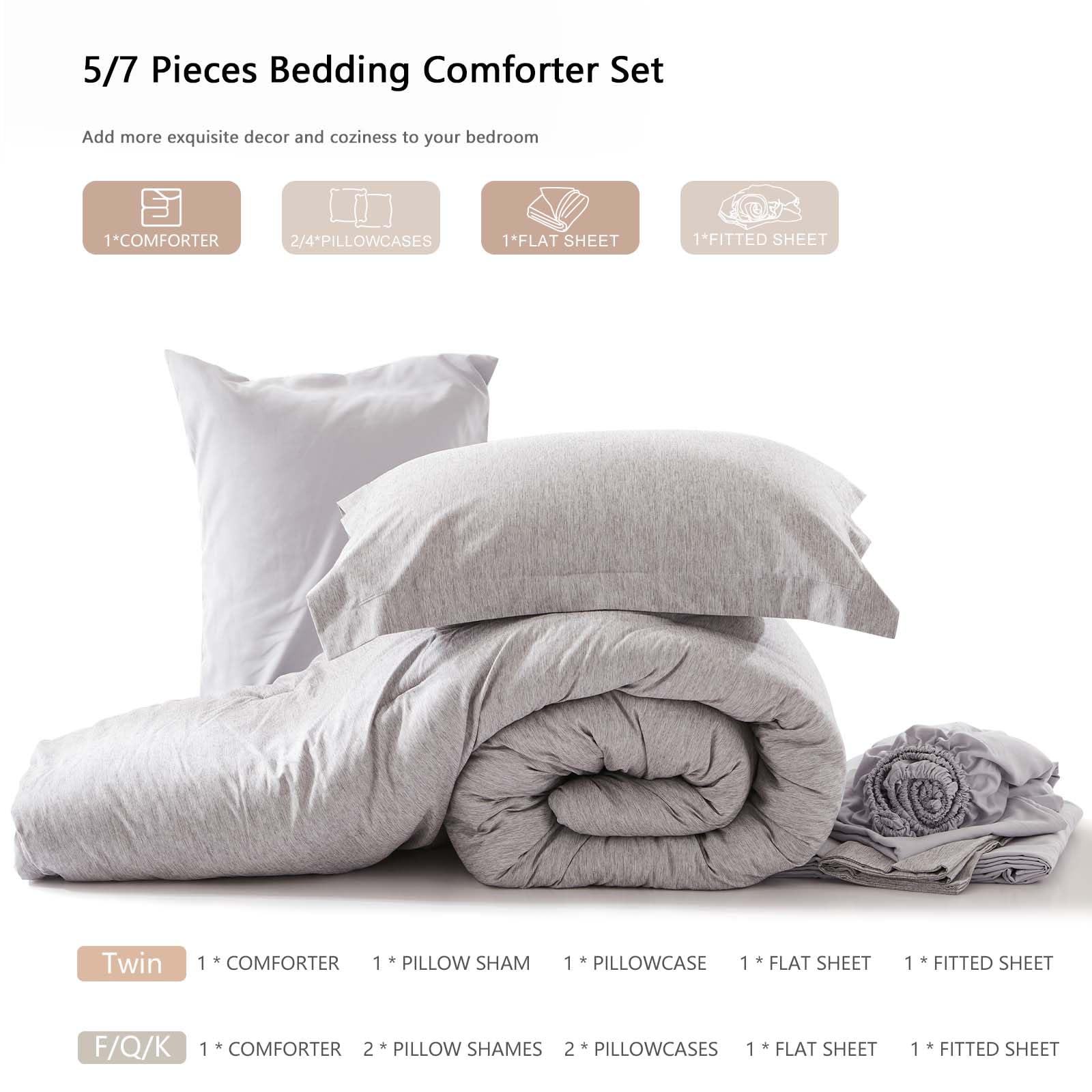 UNILIBRA 7-Piece Queen Comforter Set - All Seasons Soft Grey Bedding Collection with Comforter, Sheets & Pillowcases | Cationic Dyeing Technology | Perfect for Master Bedroom, Guest Room & Dorm Decor