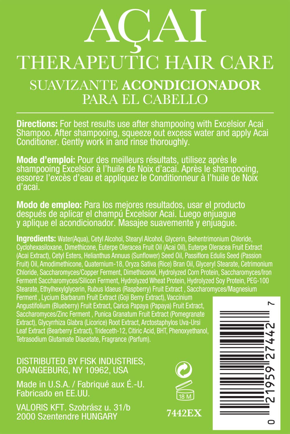 Excelsior Therapeutic Hair Care Acai Strengthening Conditioner - 33.8 oz (Pack of 3) | Deep Moisturizing & Repair for Damaged Hair | Salon Quality Treatment for Dry, Brittle & Frizzy Hair - Perfect for Home & Professional Use