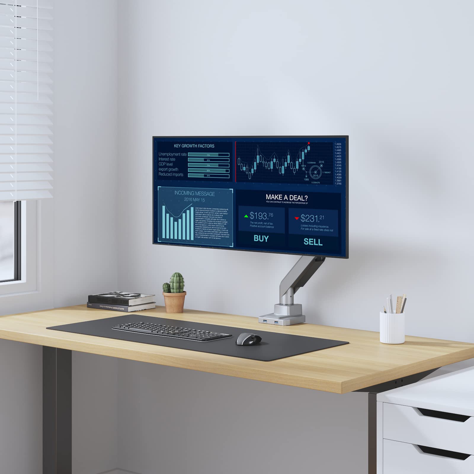 WALI Heavy Duty Gas Spring Single Monitor Arm Desk Mount - Fully Adjustable Stand for 35 Inch Screens up to 33lbs (GSMU001, Silver) - Perfect for Home Office, Gaming Setup & Workspace Ergonomics