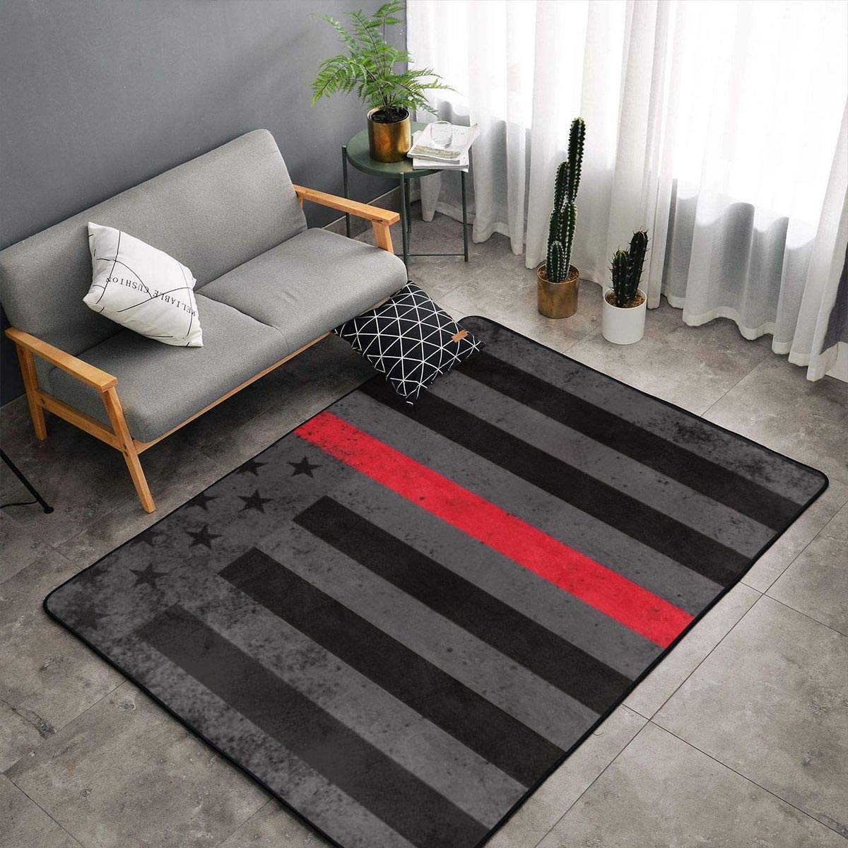 Non-Slip Kitchen Rug & Doormat - Firefighter Thin Red Line Flag Design, Indoor/Outdoor Entryway Mat for Yoga, Playroom, Bathroom & Standing Comfort - Durable Floor Carpet for Home & Office Use