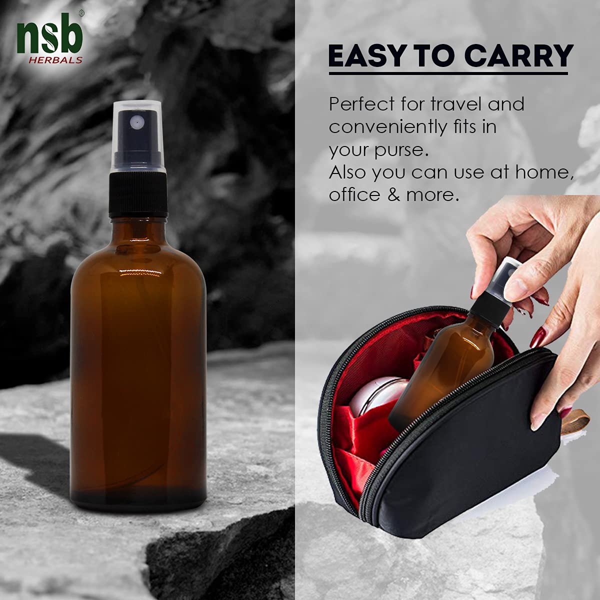 NSB Herbals 100ml Refillable Amber Glass Bottle with Fine Mist Spray Pump - Perfect for DIY Perfume, Essential Oils, Aromatherapy Blends, Facial Mists & Beauty Products (1-Pack, Black) - Ideal for Home, Travel & Skincare Routine
