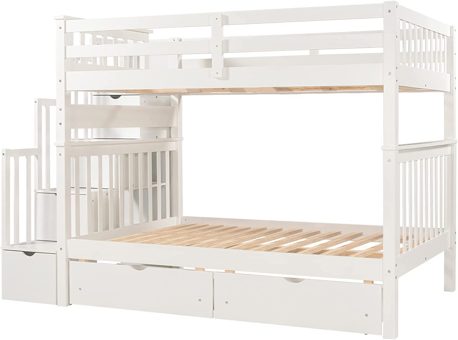 Harper & Bright Designs Full Over Full Bunk Bed with Stairs for Adults & Teens - Wooden Bunk Bed with 6 Storage Drawers & Shelves - Detachable Full Size Bunk Bed for Kids, Boys & Girls - White - Perfect for Small Bedrooms, Guest Rooms & Dormitories