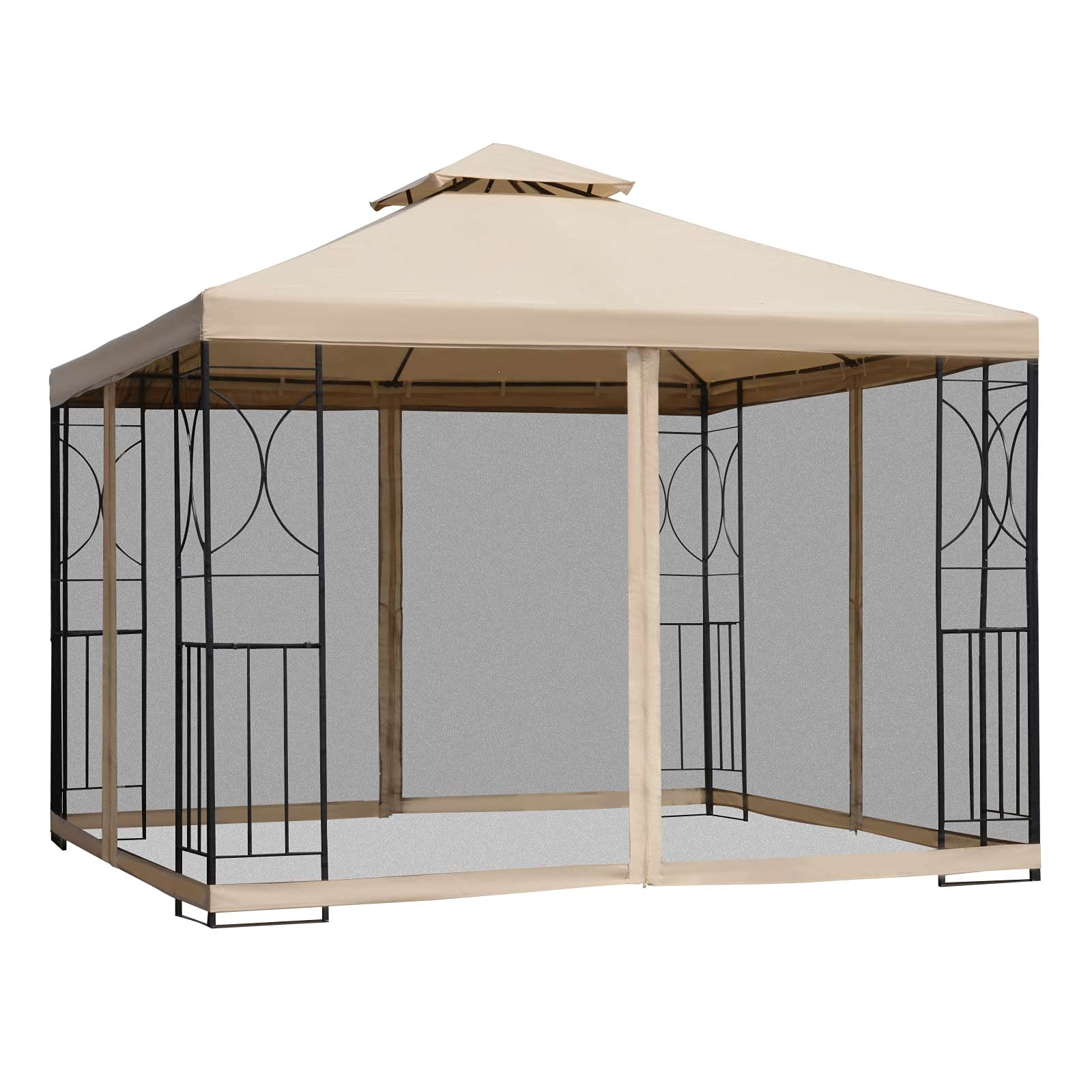 Outsunny 10' x 10' Outdoor Gazebo Canopy with Corner Shelves, Netting & Vented Roof - Perfect for Garden, Lawn, Backyard, Deck, and Patio Parties
