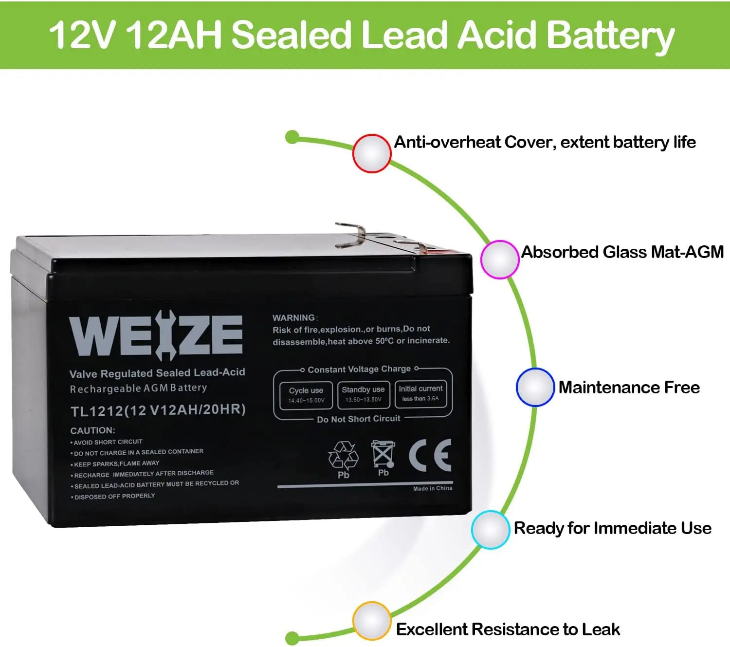 WEIZE 12V 12Ah Sealed Lead Acid Deep Cycle AGM Battery - Perfect for Solar Power Systems, Electric Scooters, and Backup Power Supplies