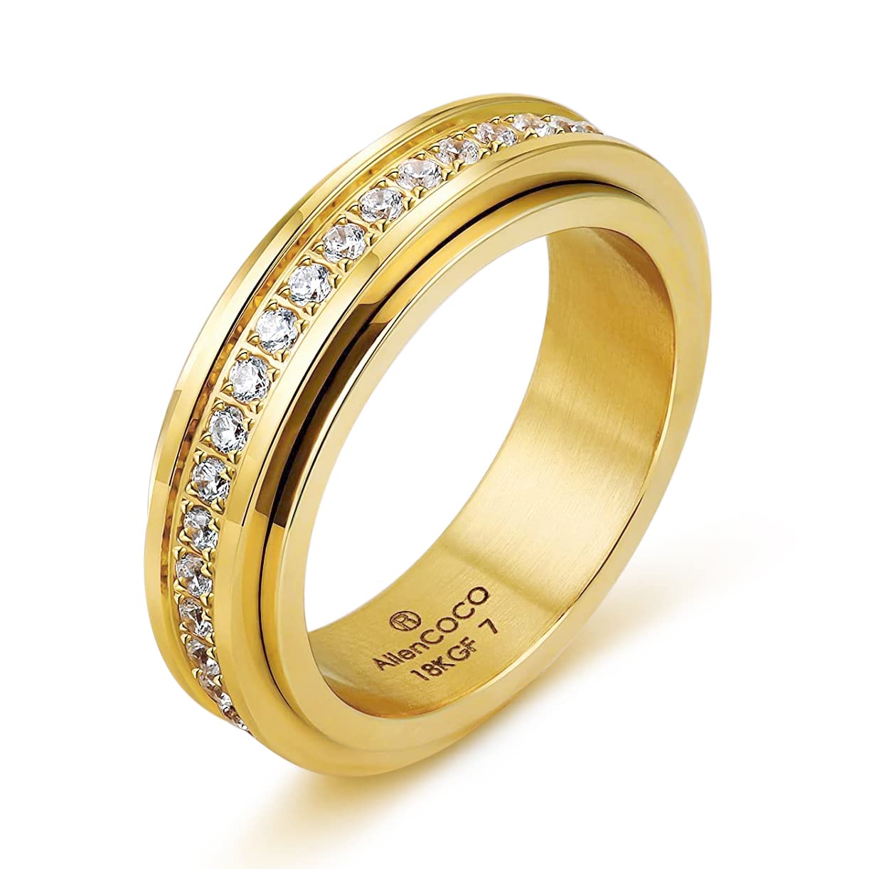 AllenCOCO 18K Gold Plated Stainless Steel Cubic Zirconia Spinner Ring - Anxiety Relief Fidget Ring for Adults, Unisex Stress Relief Band Ring for Anxiety, ADHD & Focus - Perfect for Office, Travel & Daily Wear