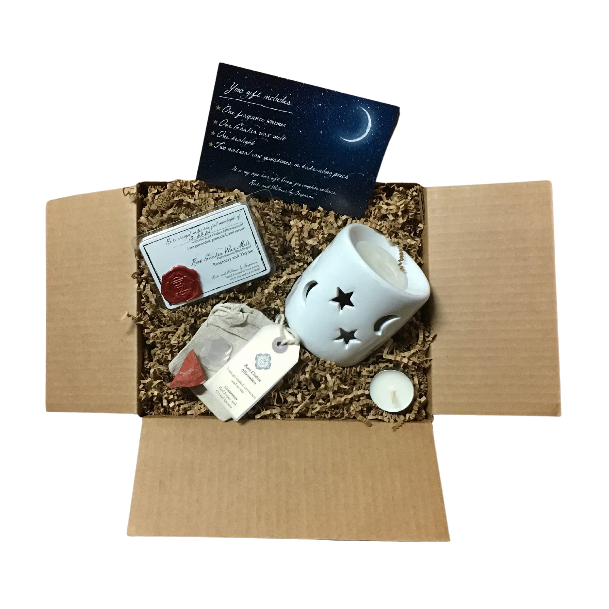 Reiki Charged Healing Crystals Set with Chakra Wax Melts & Wax Warmer - Raw Gemstones, Tealight Candle, Affirmation Cards for Meditation & Relaxation - Perfect Spiritual Gift for Yoga, Energy Healing & Home Decor (Root Chakra)