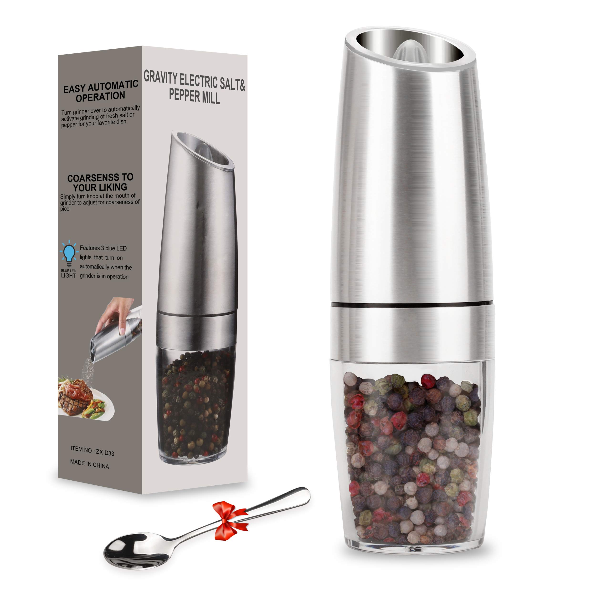 Premium Gravity Electric Pepper Grinder & Salt Mill - Battery Operated with Blue LED Light, One-Hand Operation, Adjustable Coarseness, Stainless Steel (Includes Spoon) - Perfect for Kitchen, Dining Table & Outdoor BBQ