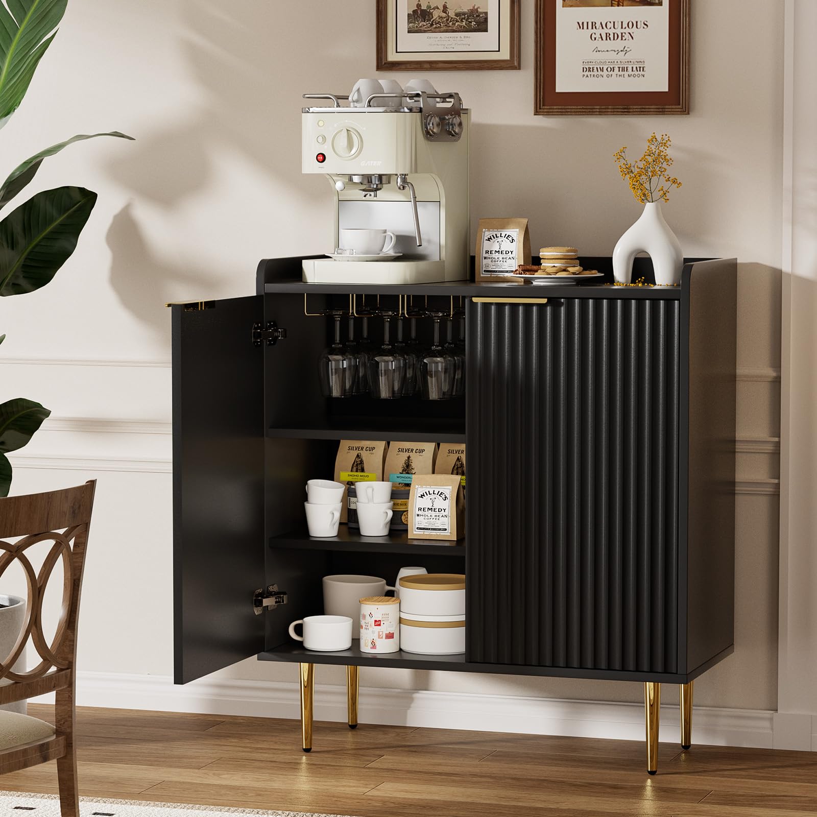 EOYUTLLY Modern Coffee Bar Cabinet with Wine Rack & Glass Holder - Fluted Door Liquor Storage Sideboard with Drawers for Living Room, Kitchen & Dining Room - Elegant Black Buffet Cabinet for Home Entertaining & Small Space Organization