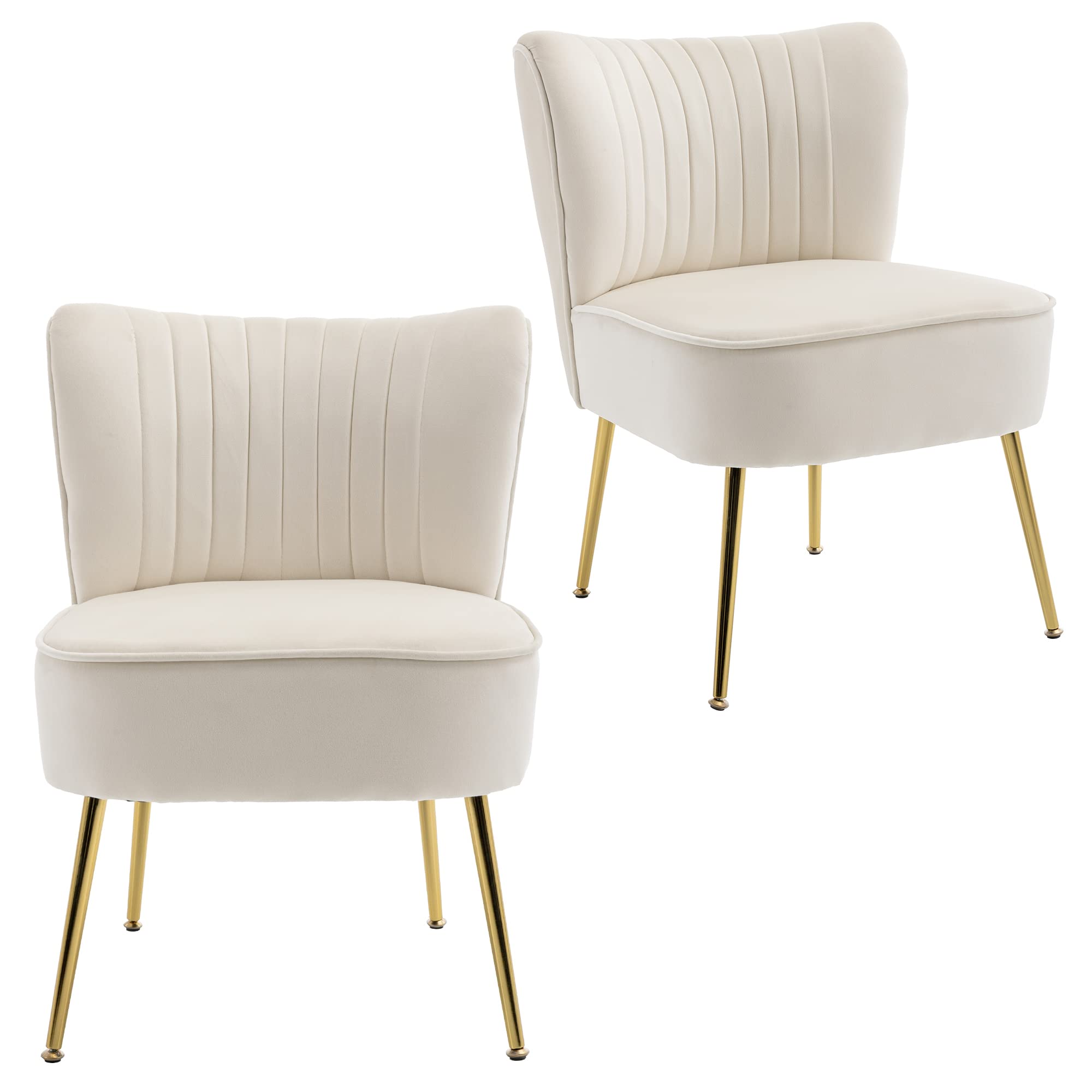 KCC Modern Velvet Upholstered Accent Chair Set of 2 - Mid Century Living Room Chairs with Golden Metal Legs, Comfortable Armless Wingback Side Chairs for Bedroom, Office or Lounge (Beige) - Perfect for Small Spaces, Reading Nooks and Guest Seating