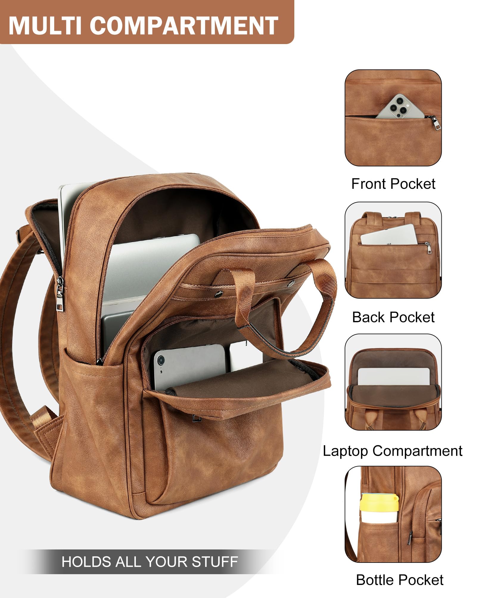 MASINTOR Genuine Leather Laptop Backpack for Women - 15.6 Inch Stylish Business Backpack with USB Charging Port - Perfect for College, Work & Travel (Mocha Brown) - Ideal for Office Commute, Business Trips & Daily Use