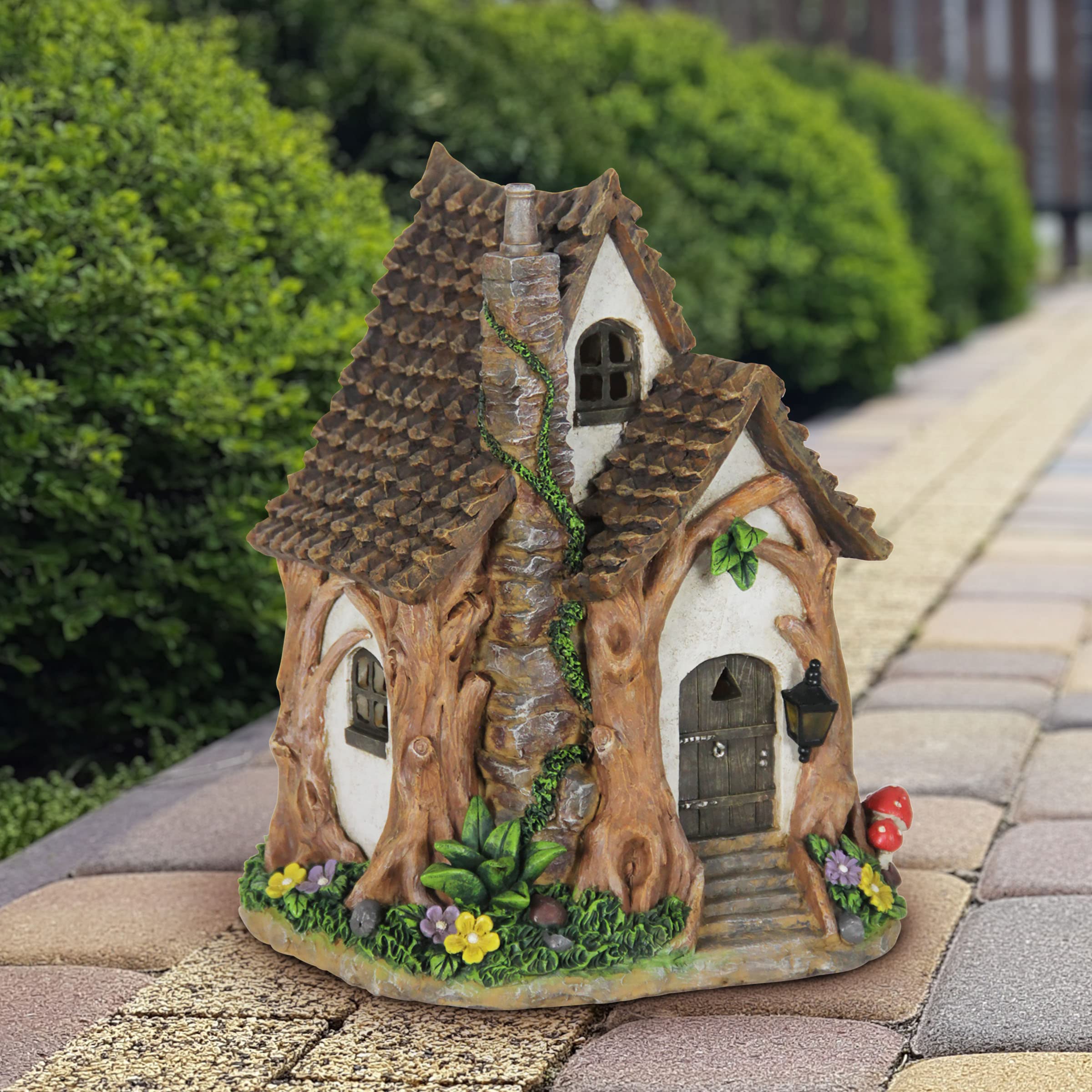 Exhart Solar-Powered Fairy Garden Sculpture - LED Illuminated Tree Trunk Fairy House, Weather-Resistant Resin Outdoor Decor for Lawn, Yard & Patio (8.5 x 9.5 x 11.5 Inch) - Perfect for Garden Pathways, Flower Beds & Magical Nighttime Displays