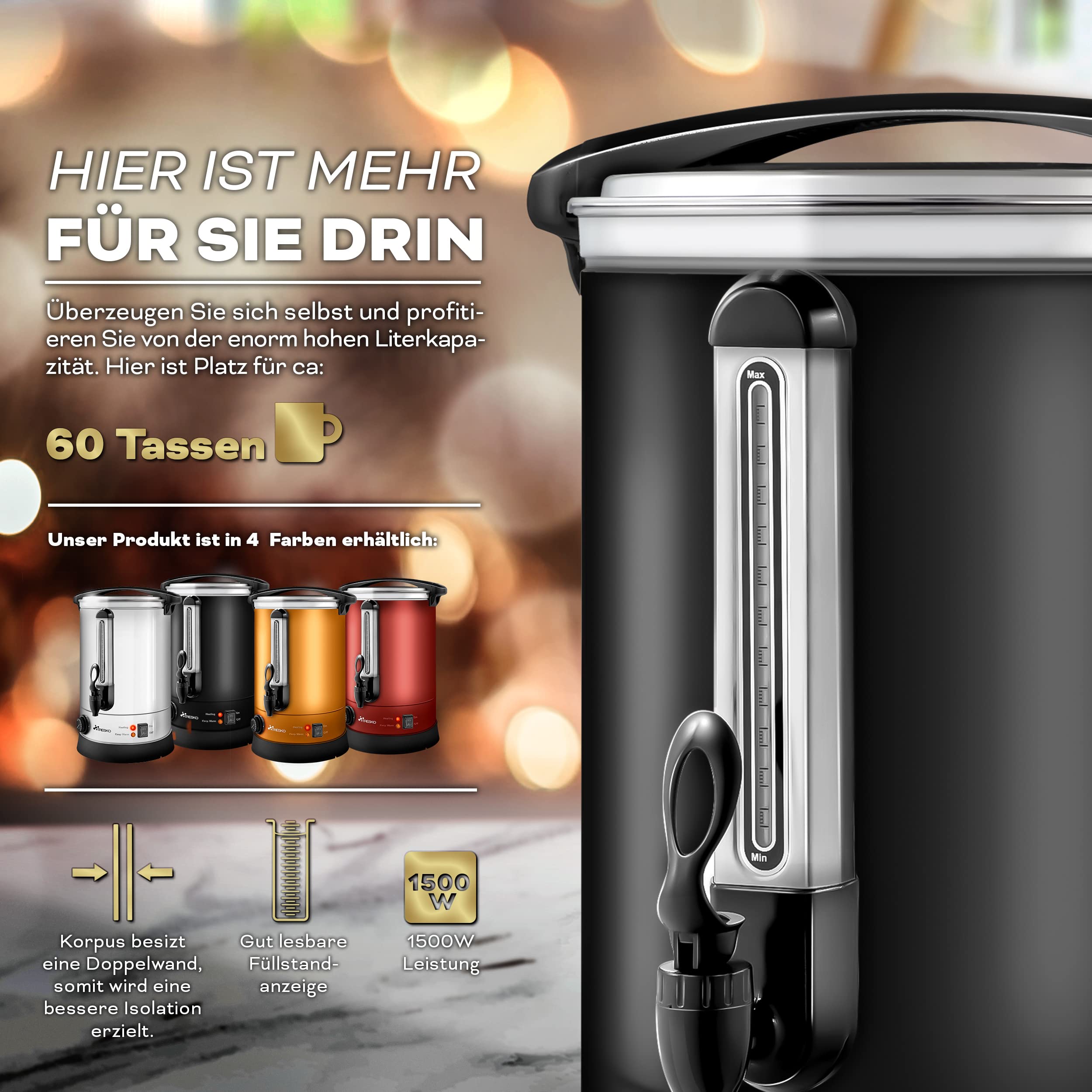 TRESKO® 20L 2500W Automatic Stainless Steel Mulled Wine Warmer - Hot Beverage Dispenser & Hot Water Distributor for Restaurants, Cafes & Holiday Parties