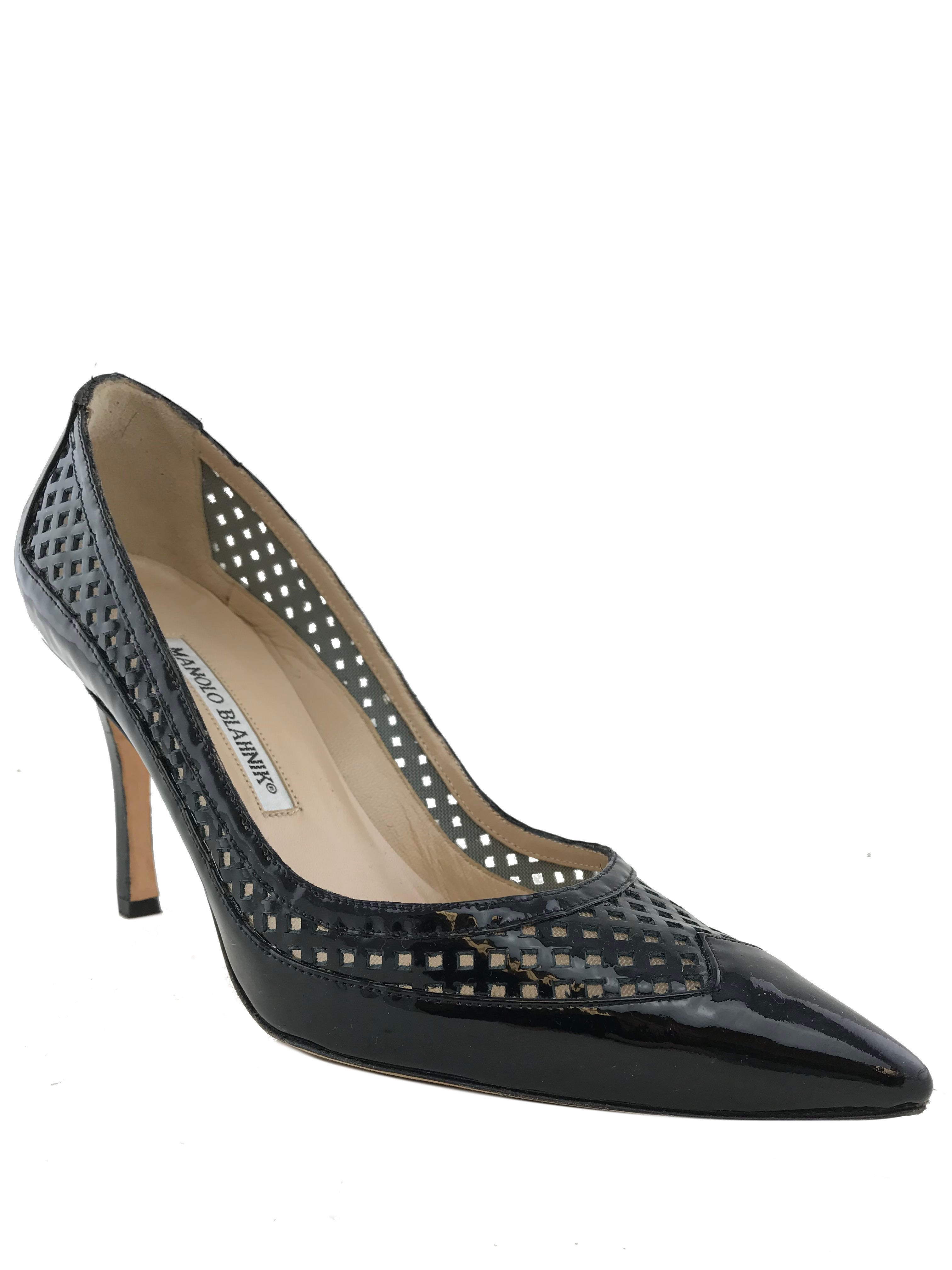 Manolo Blahnik Women's Patent Leather Laser Cut Pointed Toe Pumps - Size 7.5 US | Elegant High Heel Shoes for Weddings, Parties & Office Wear