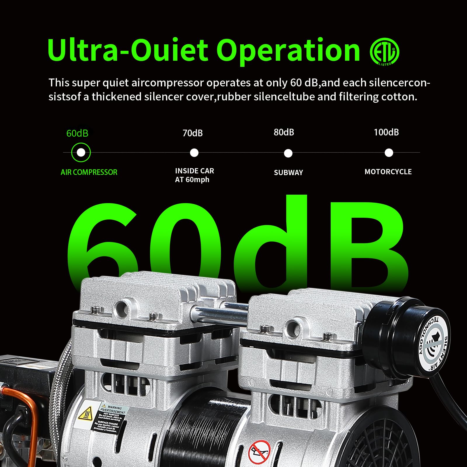 6 Gallon Portable Air Compressor | 1HP 2.5 CFM@90PSI Ultra Quiet Oil-Free Compressor (60dB) | Ideal for Tires, Pneumatic Tools, Spray Painting | Perfect for Home Garage, Auto Repair & DIY Projects